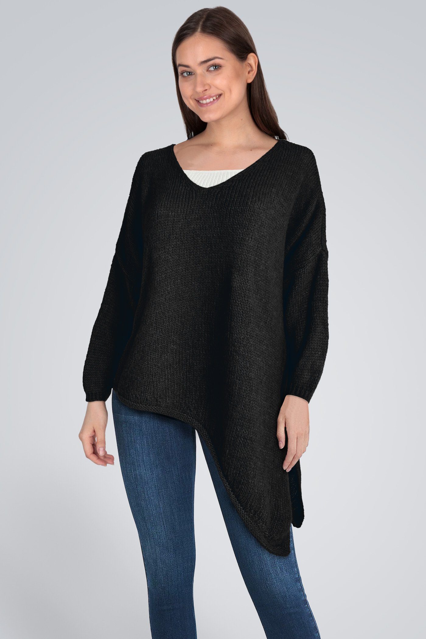 PEKIVESSA Strickpullover Asymmetrischer Grobstrick-Pullover oversized Damen (1-tlg) V-Ausschnitt langarm schwarz