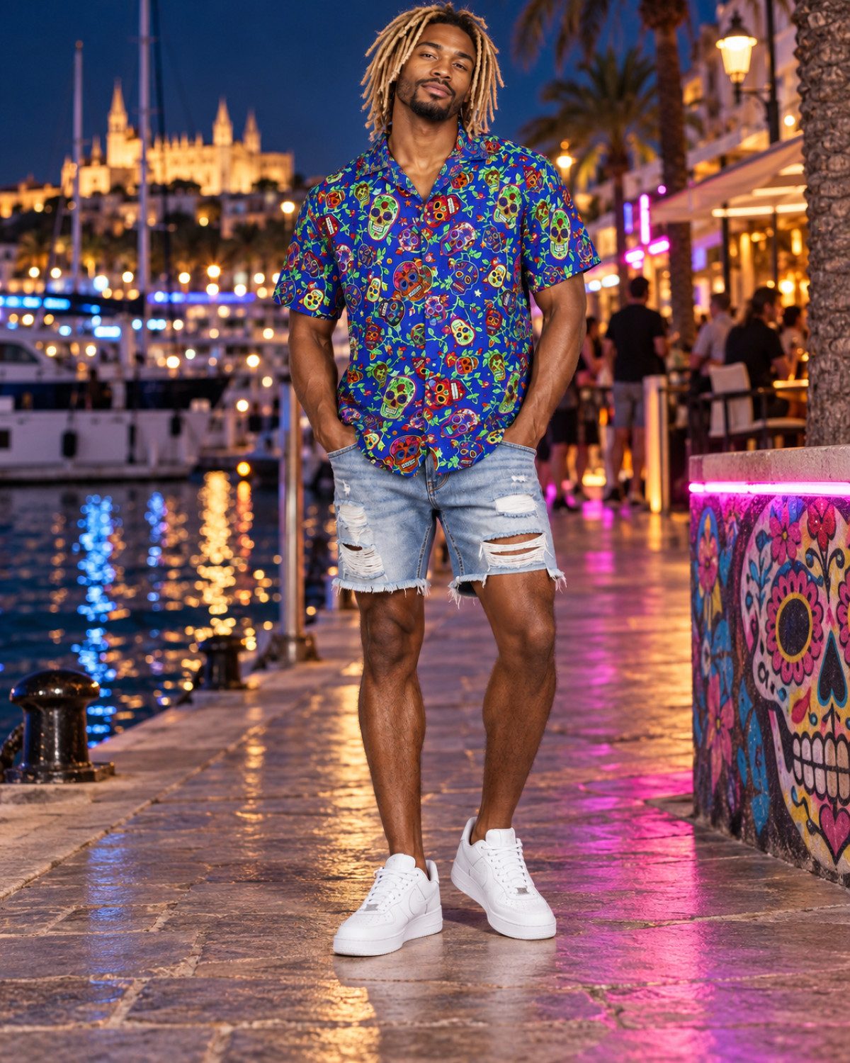 King Kameha Hawaiihemd "Skull" Funky Hawaii-Hemd Herren Kurzarm Front-Tasche Stylish – Bild 2 von 5