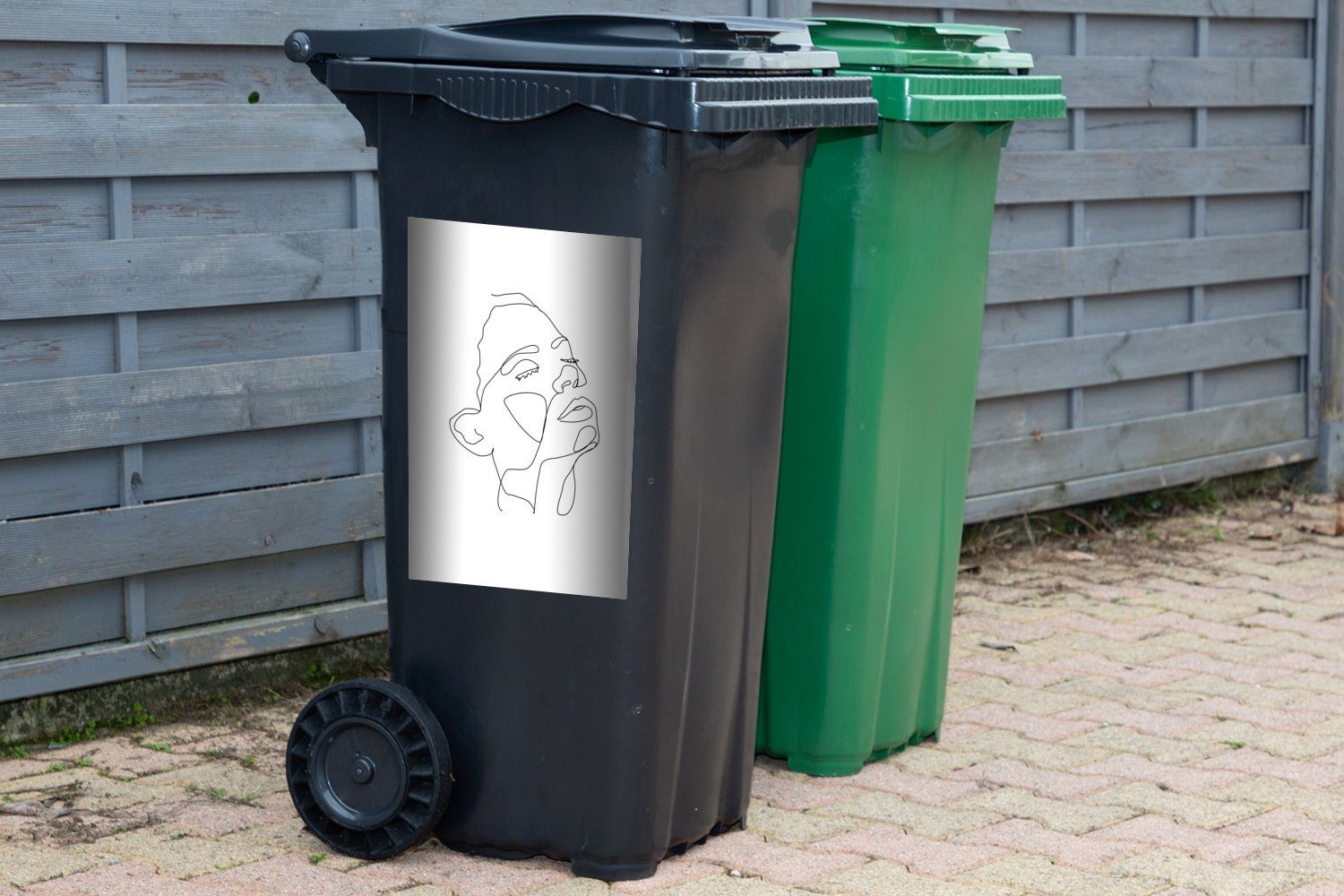Mülltonne, - MuchoWow Frau Minimalismus Linienkunst St), Mülleimer-aufkleber, (1 - Sticker, Container, Wandsticker Abfalbehälter