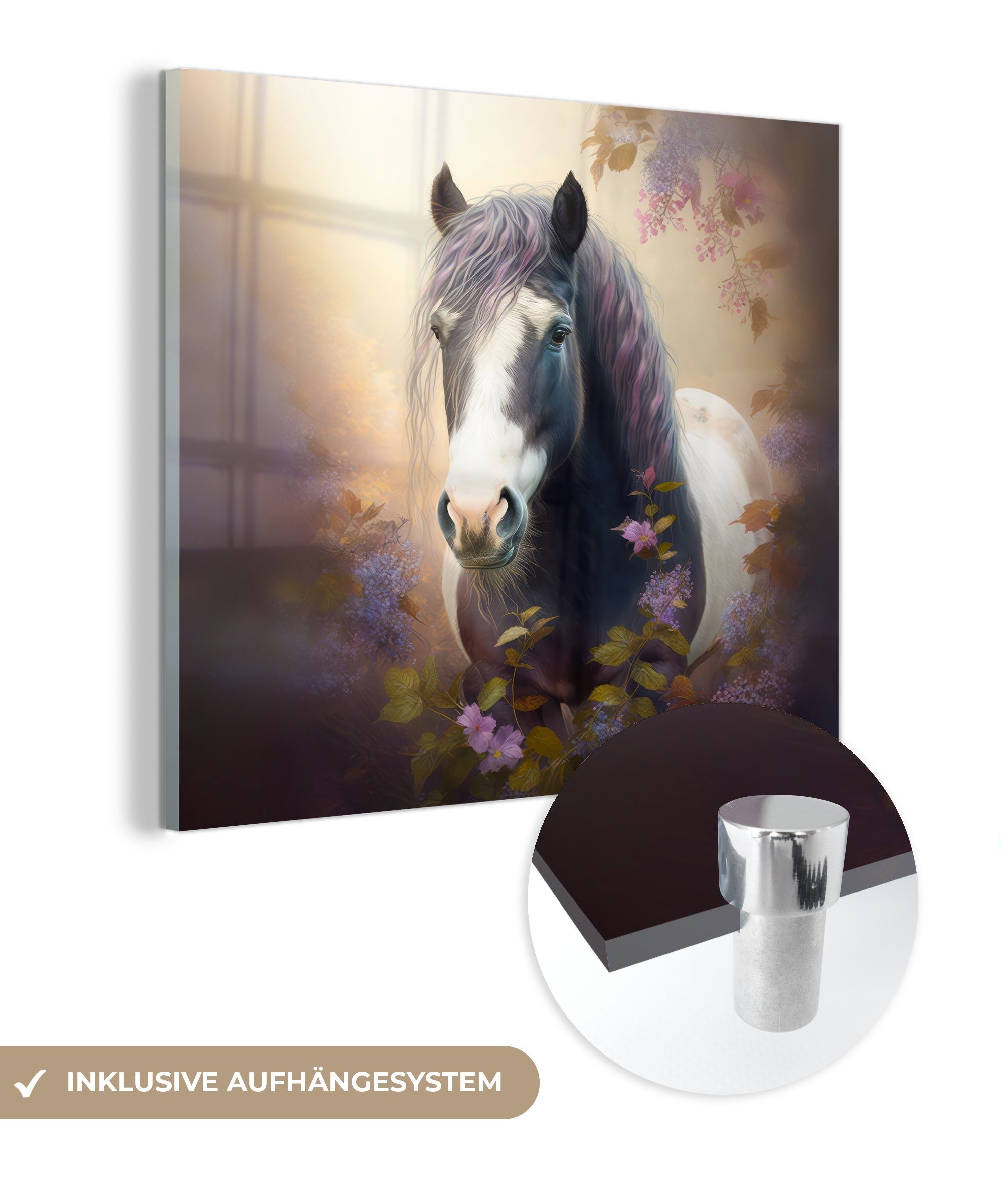 (1 Foto MuchoWow - Bilder Tiere - Glas Glas - Blumen Wandbild Natur Acrylglasbild - - - auf - St), auf Lila, Pferd Glasbilder Wanddekoration