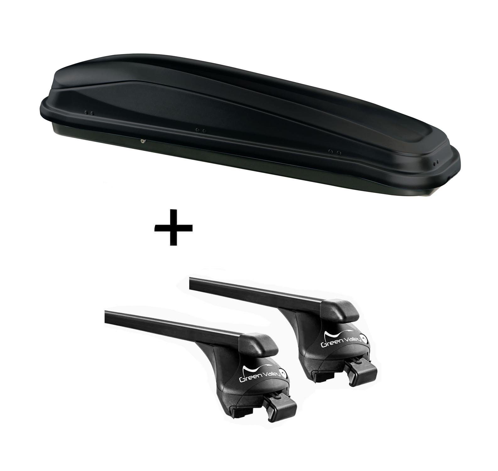 VDP Dachbox, Dachbox JUEASY300 300Ltr schwarz + Relingträger Quick Stahl XL kompatibel mit Ford Connect (Grand Tourneo) ab 2014