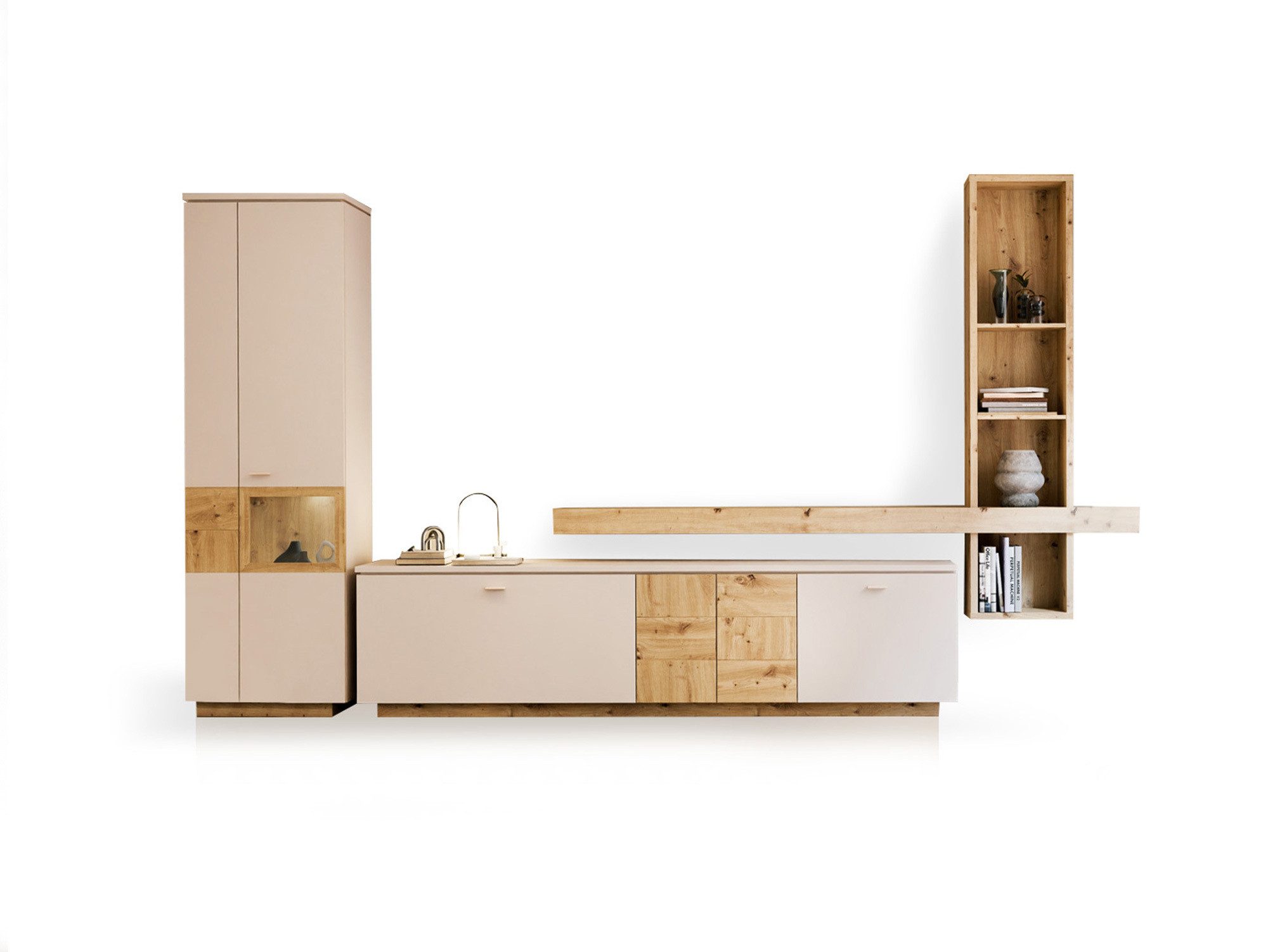 Moebel-Eins Wohnzimmer-Set, LEANDRO Wohnwand, Material Spanplatte, Dekor Sand/Artisan Eichefarbig