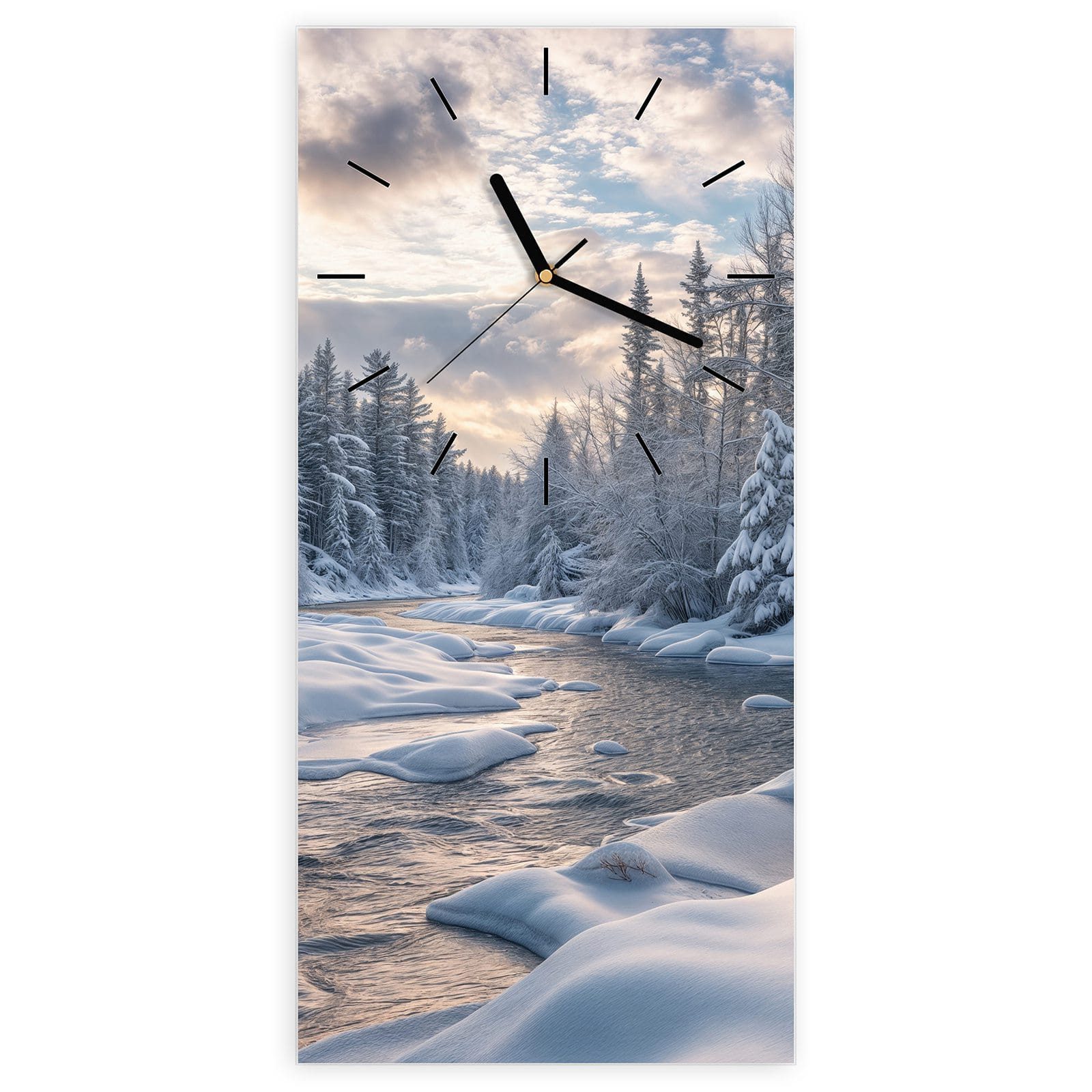 Wanduhr Glasuhr Wandkunst Größe 30 x 60 cm mit Motiv Winterfluss