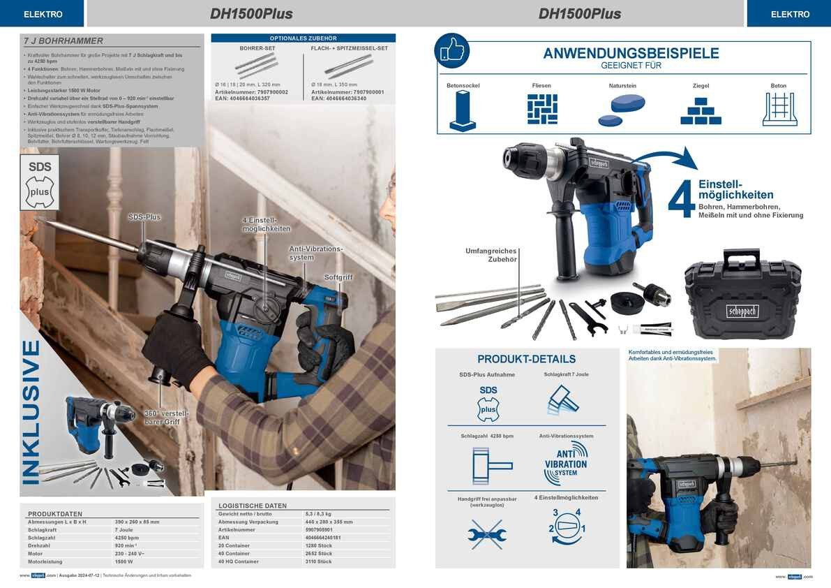Scheppach Bohrhammer Elektro-Bohrhammer DH1500 Plus mit 4in1-Funktion, (1 Stück)