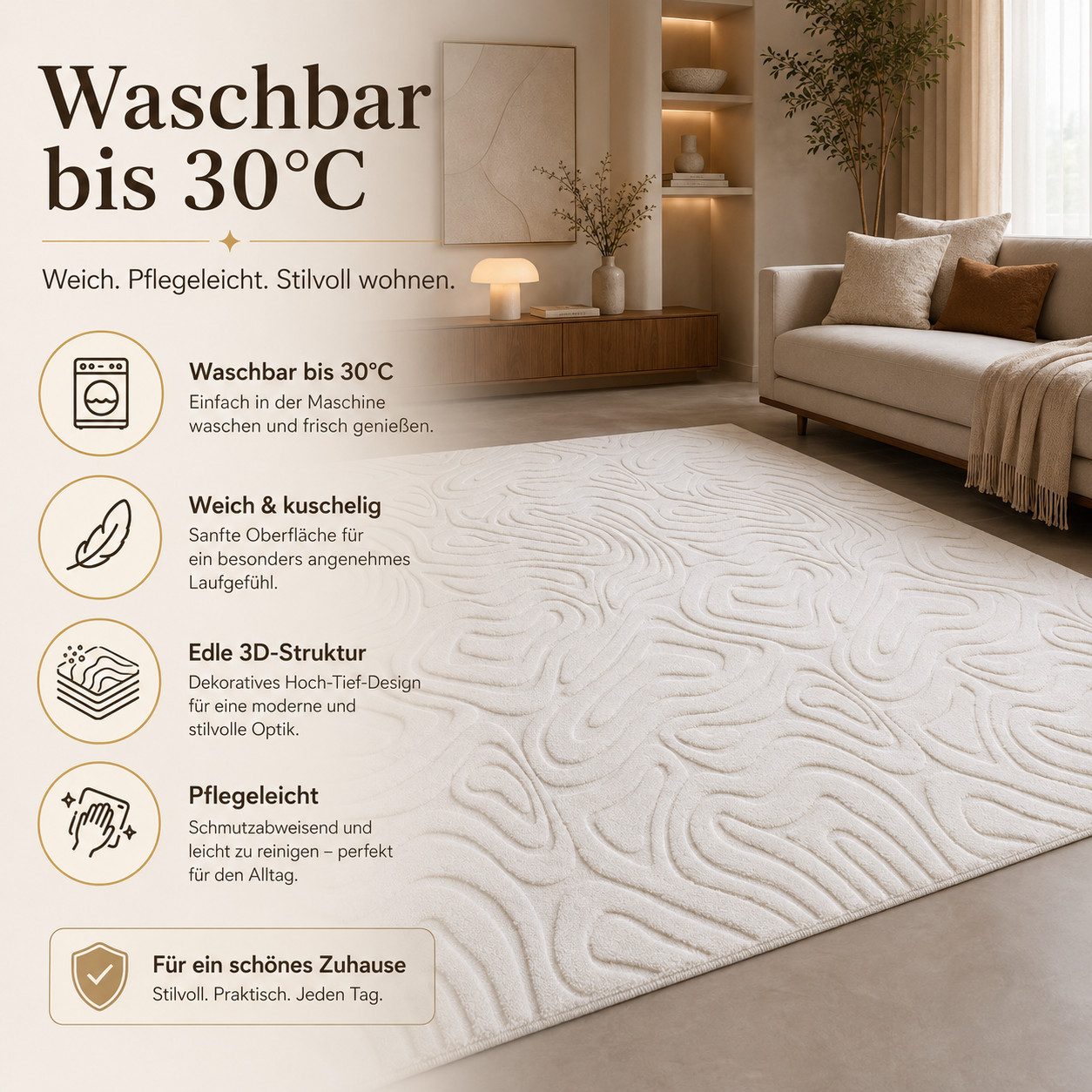 Carpetilla Teppich Waschbarer Teppich– Modern & Weich für Wohnzimmer, Schlafzimmer, Rechteckig, Teppich Wohnzimmer 3D effekt Boho Einfarbig hoch-tief Bordüre Wa – Bild 4 von 4