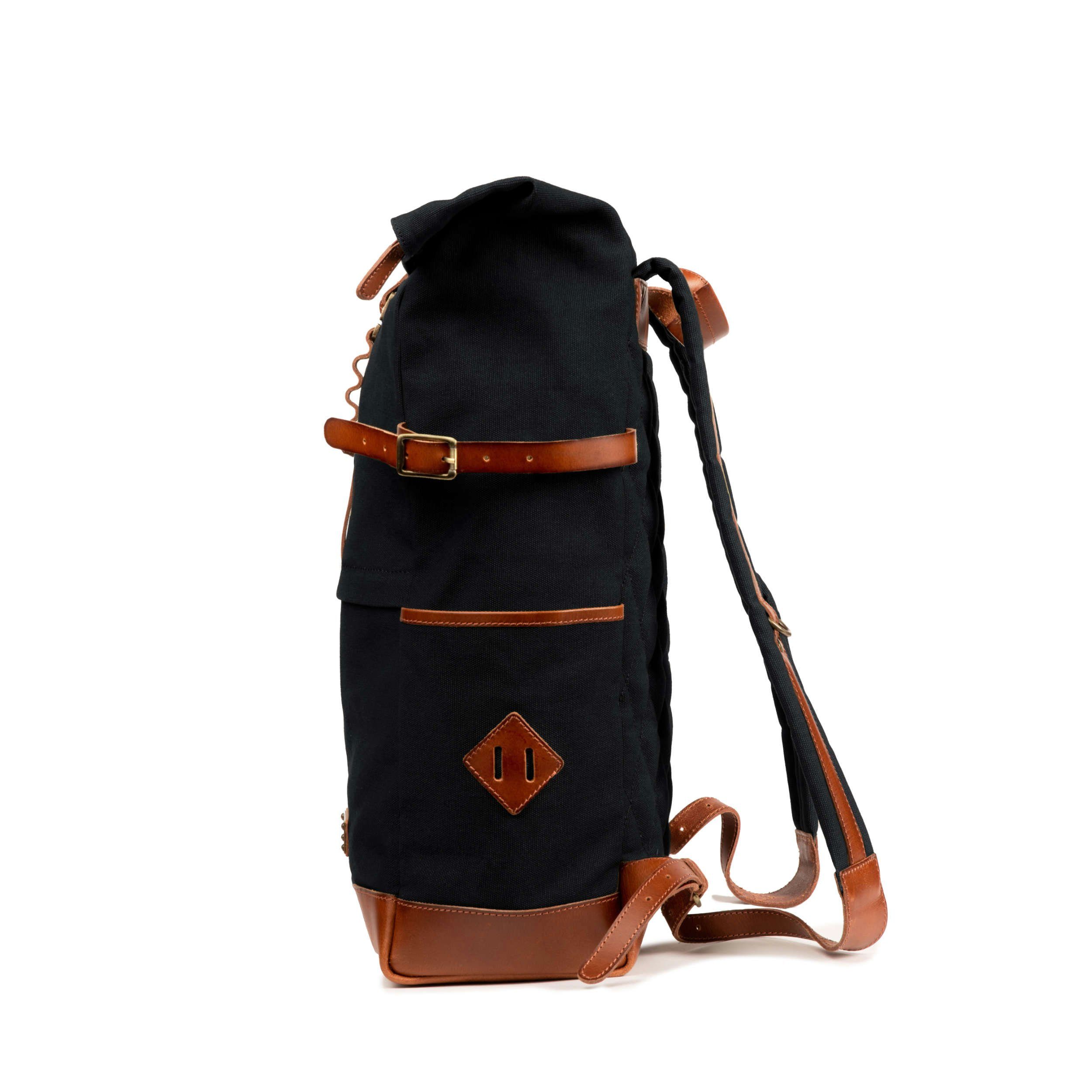 DRAKENSBERG Rucksack Roll-Top »Wyatt« Schwarz, Outdoor-Rucksack aus imprägniertem Canvas mit Leder, 15" Laptopfach