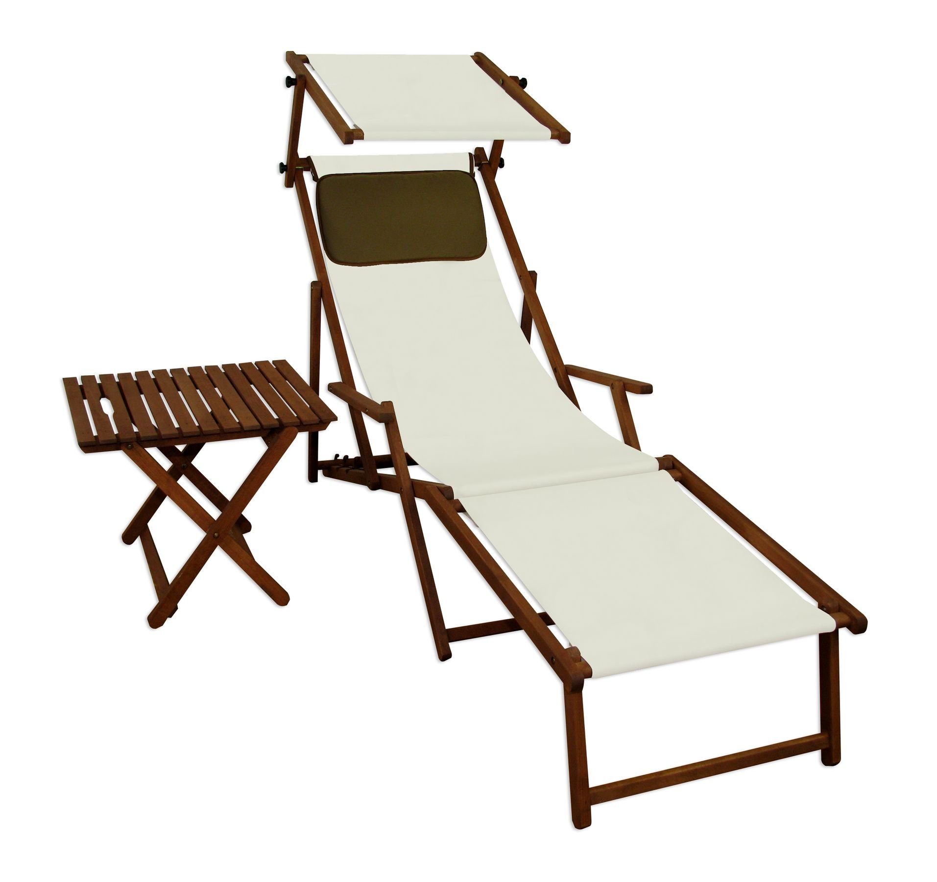 ERST-HOLZ Gartenliege Liegestuhl weiß mit Fußteil, Dach, Tisch u. Kissen