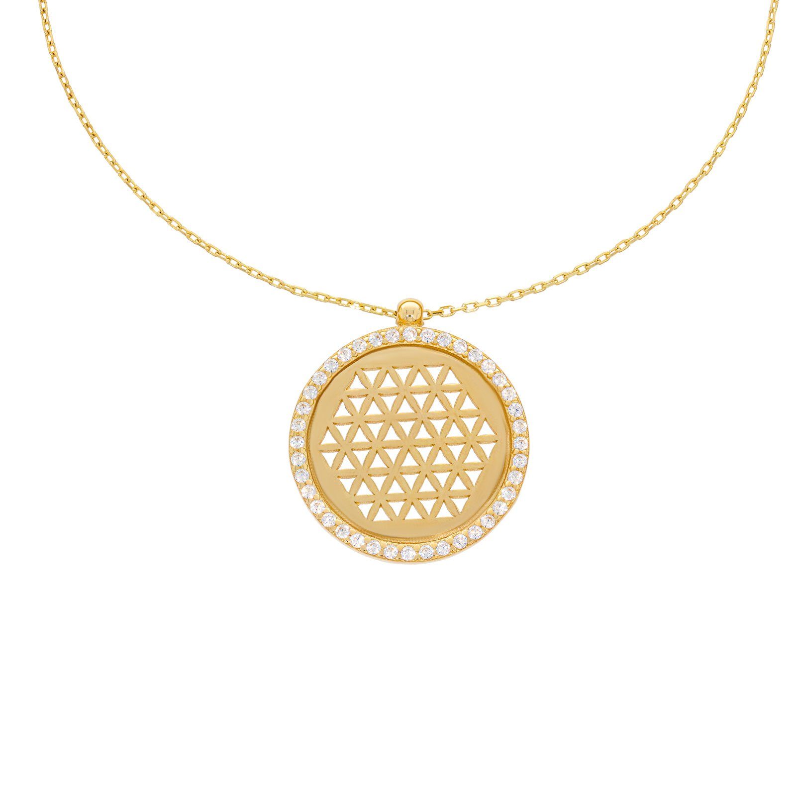 Stella-Jewellery Collier 585er Gold Kette m, Lebensblume Anhänger Zirk. Ø18, Collierkette mit Zirkonia
