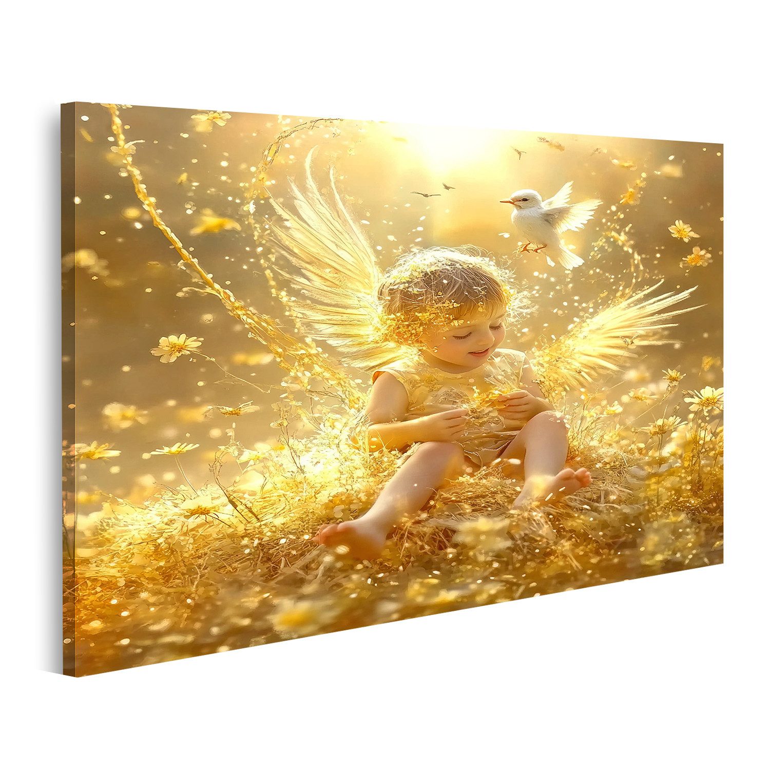 islandburner Leinwandbild, Engel im Sonnenlicht mit Blumen und Vogel