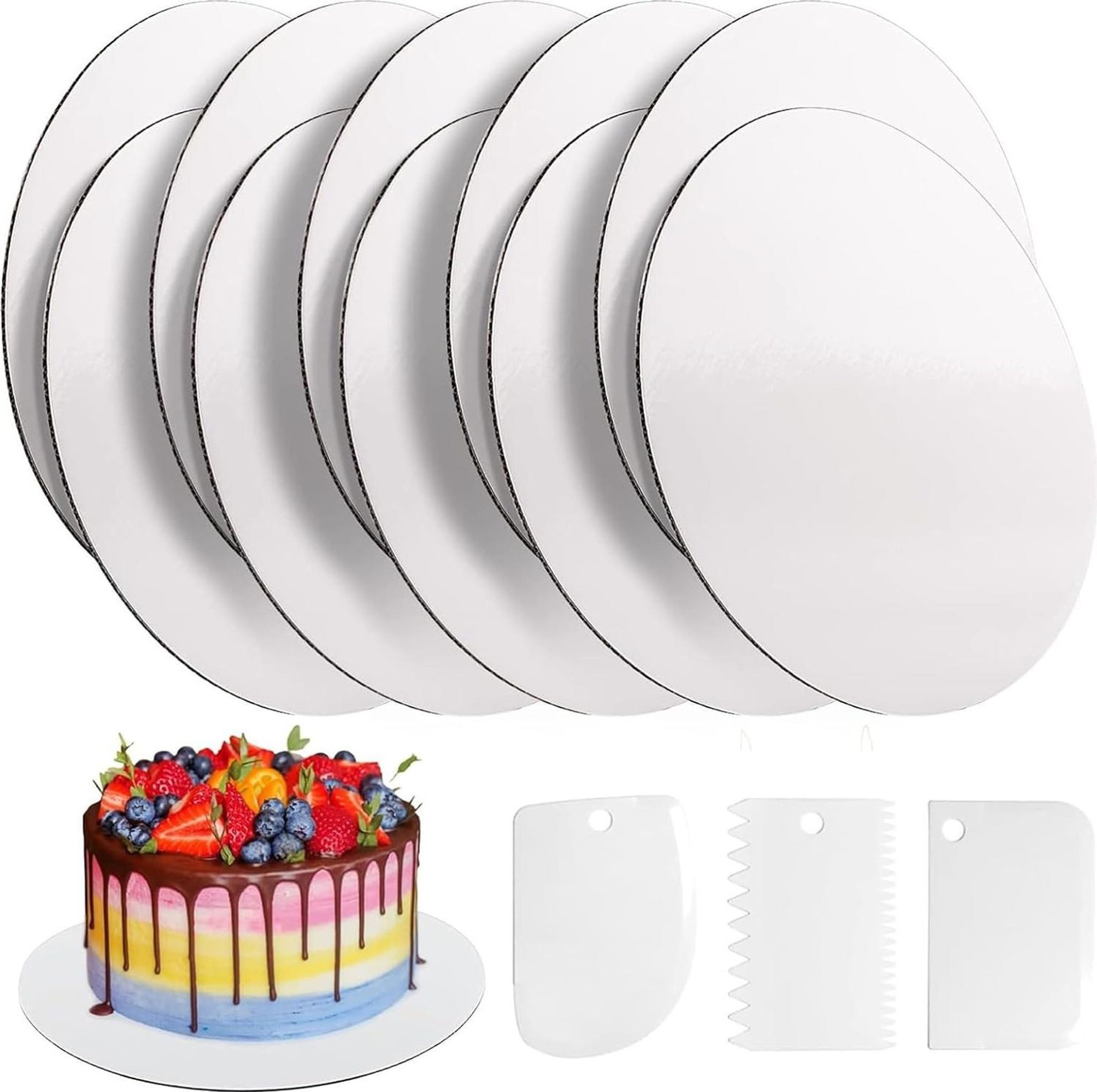 FELIXLEO Muffinform 10x Tortenunterlage Rund 25cm Cake Board Weiß mit Kuchenschaber