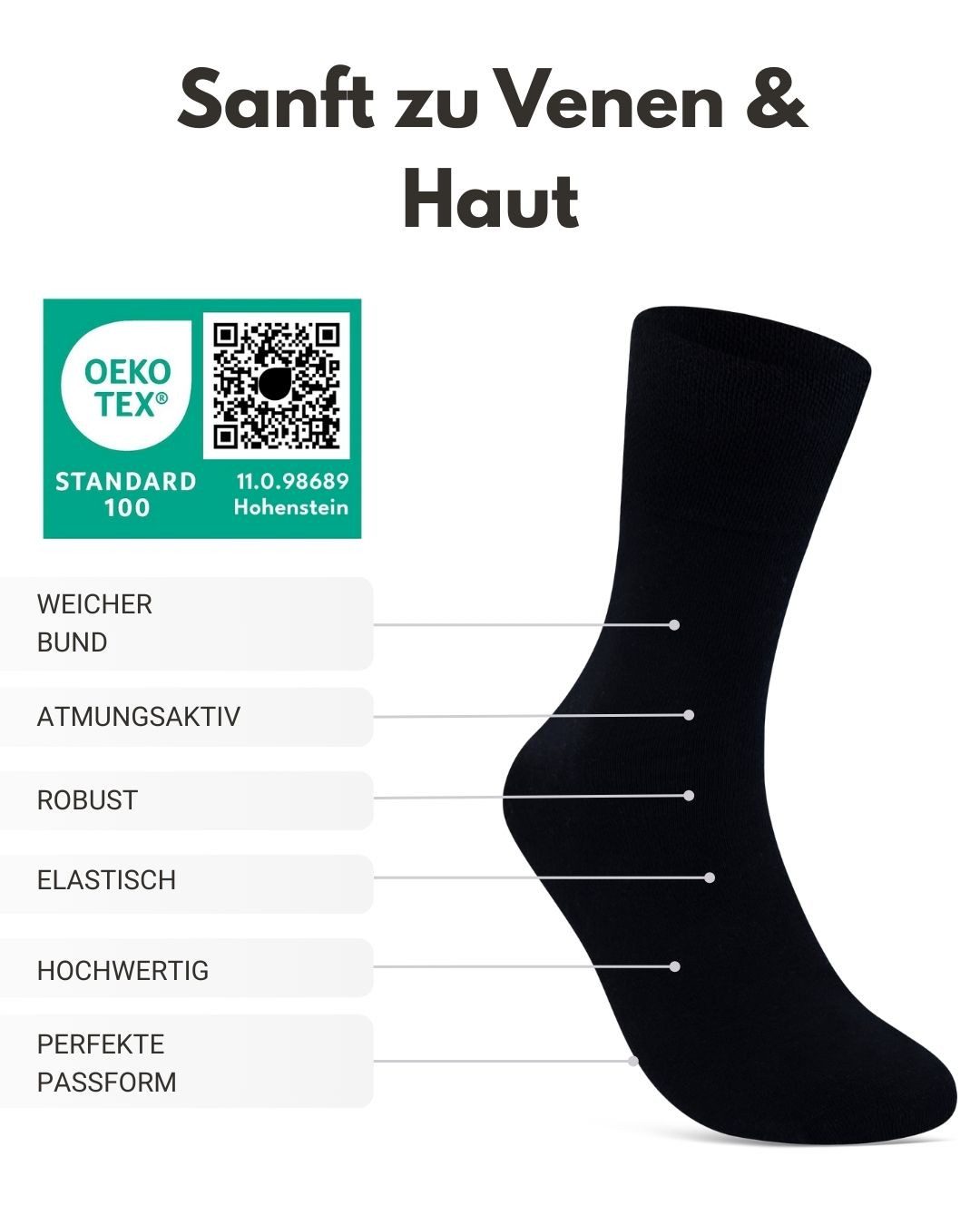sockenkauf24 Diabetikersocken ohne Gummibund 97% Baumwolle mit Komfortbund ohne Naht (Schwarz, 6-Paar, 35-38) Diabetiker Socken ohne Gummi für Damen & Herren