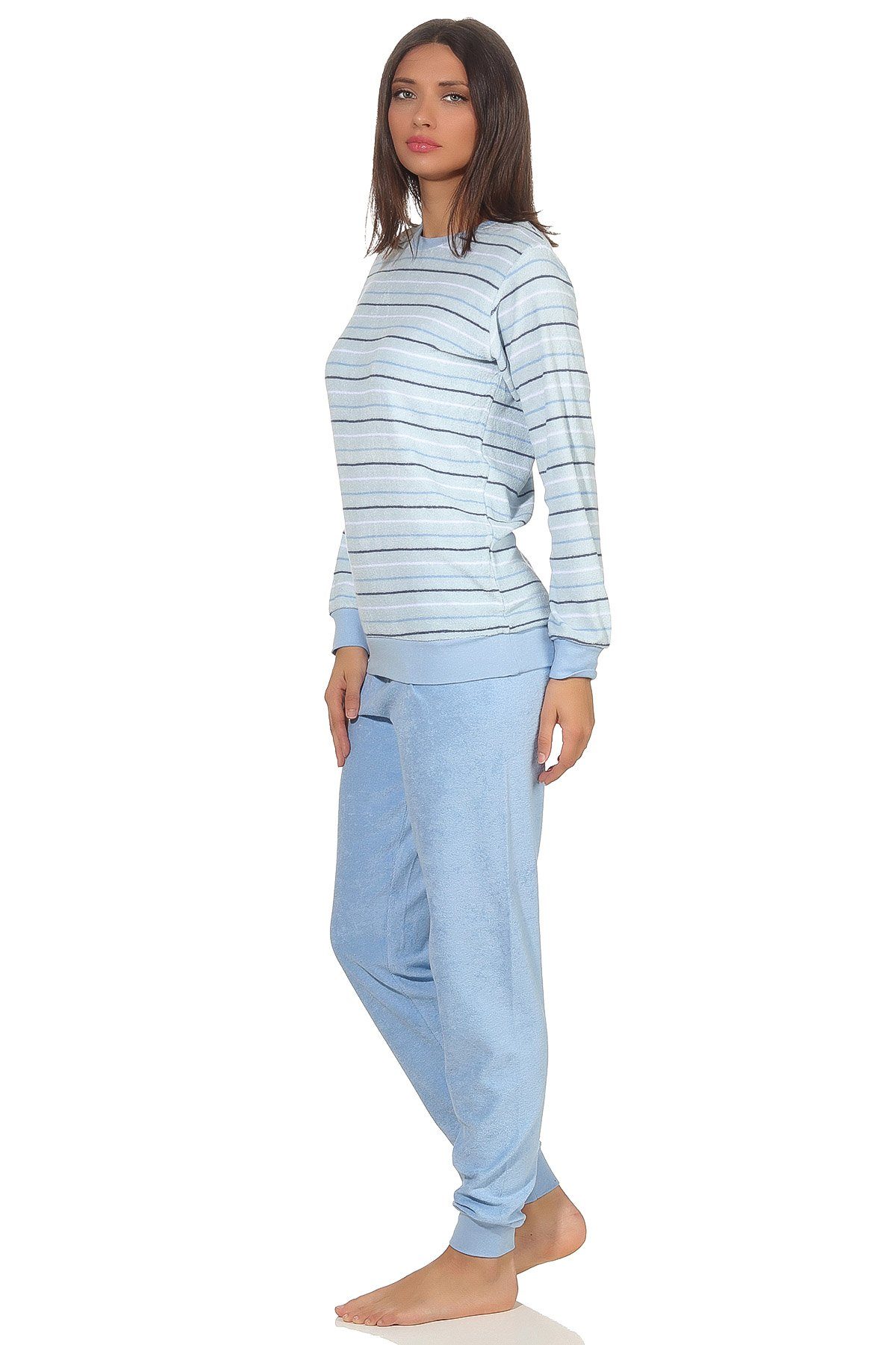 mit langarm Damen hellblau Bündchen Pyjama Pyjama Normann Frottee Streifenoptik in