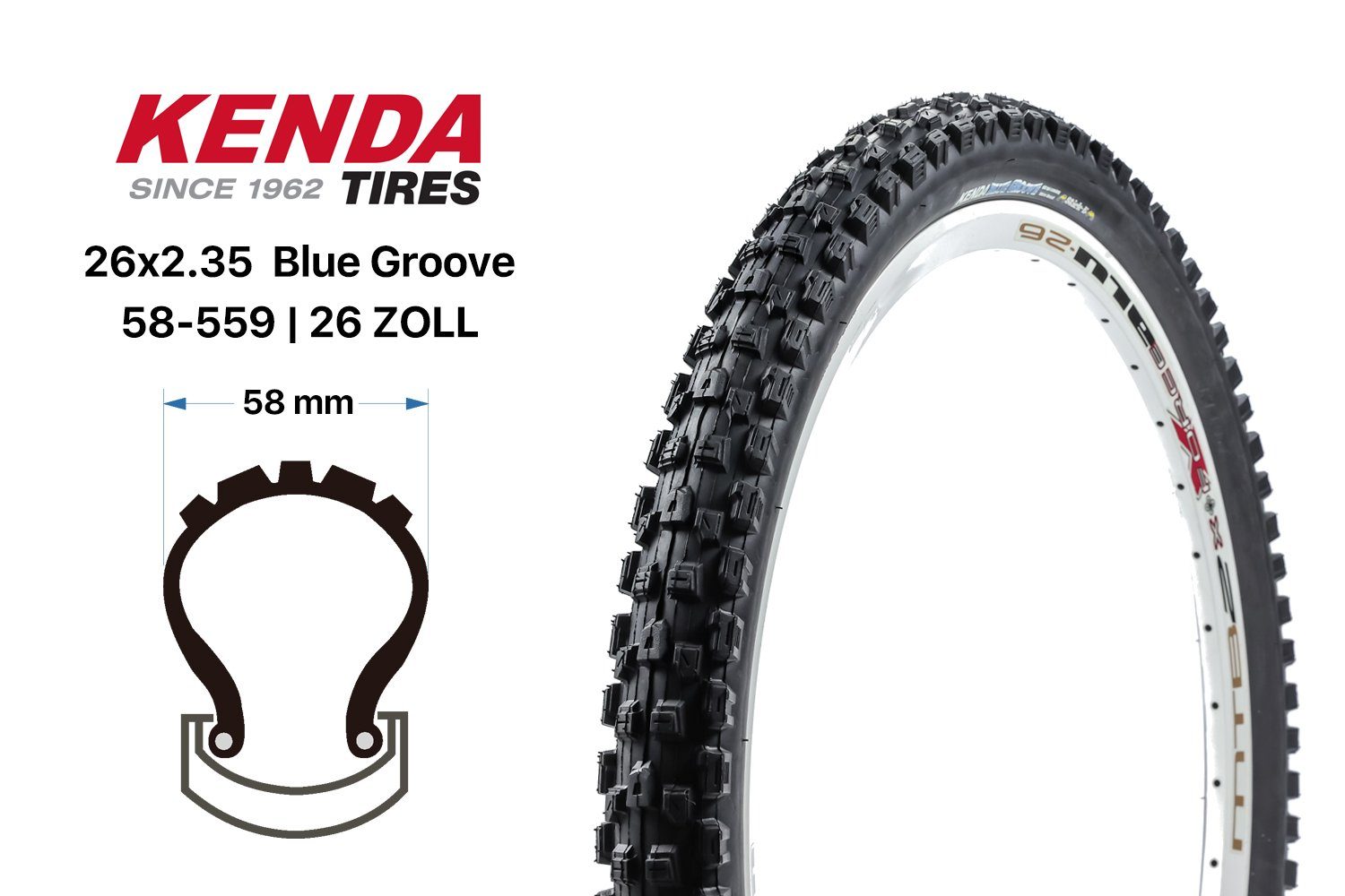 KENDA Fahrradreifen 26 Zoll Fahrrad Reifen KENDA Blue Groove 26x2.35 MTB Mountain Bike