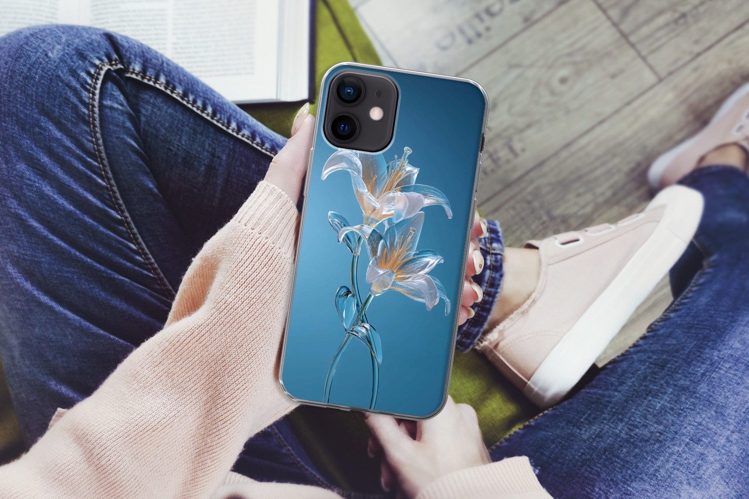 MuchoWow Handyhülle für Apple iPhone 12 Lilien - Blau - Gläser, Smartphone-Bumper, Print, Handy Schutzhülle Dünn