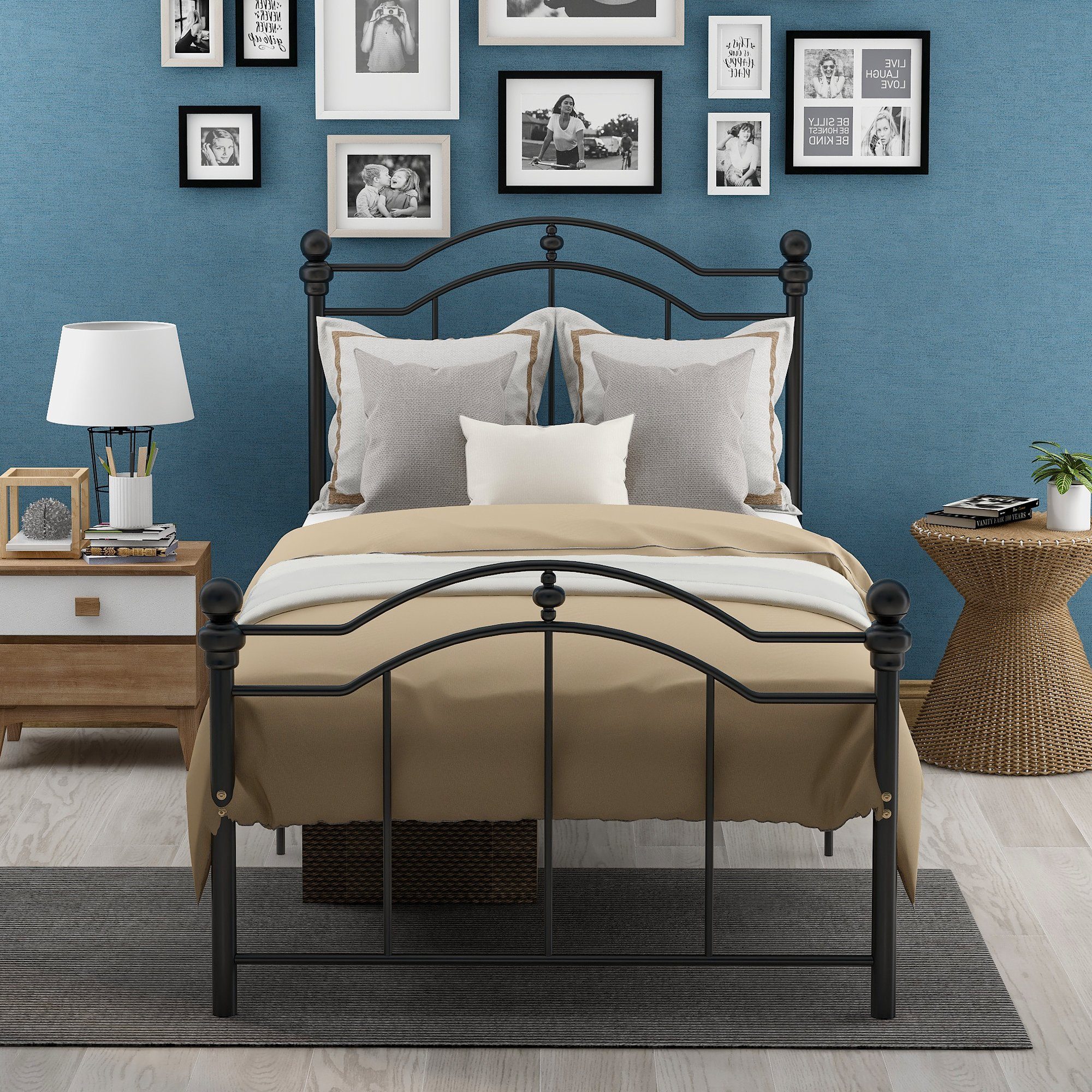 Merax Metallbett, Einzelbett 90x200 cm, Bettgestell mit Lattenrost, Jugendbett Kinderbett Gästebett