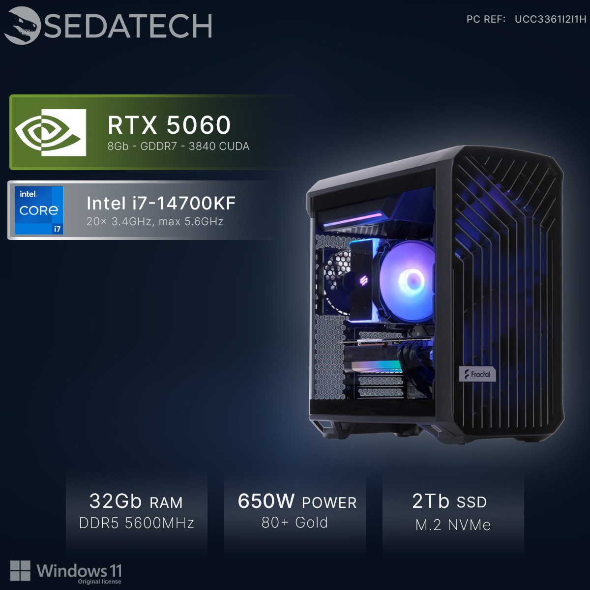 Sedatech UCC3361I2I1HF - Workstation Business-PC (Intel Core i7 14700KF 20x 3.4GHz (max 5.6GHz), Geforce RTX5060 8GB, 32 GB RAM, 2000 GB SSD, Wlan 6E)