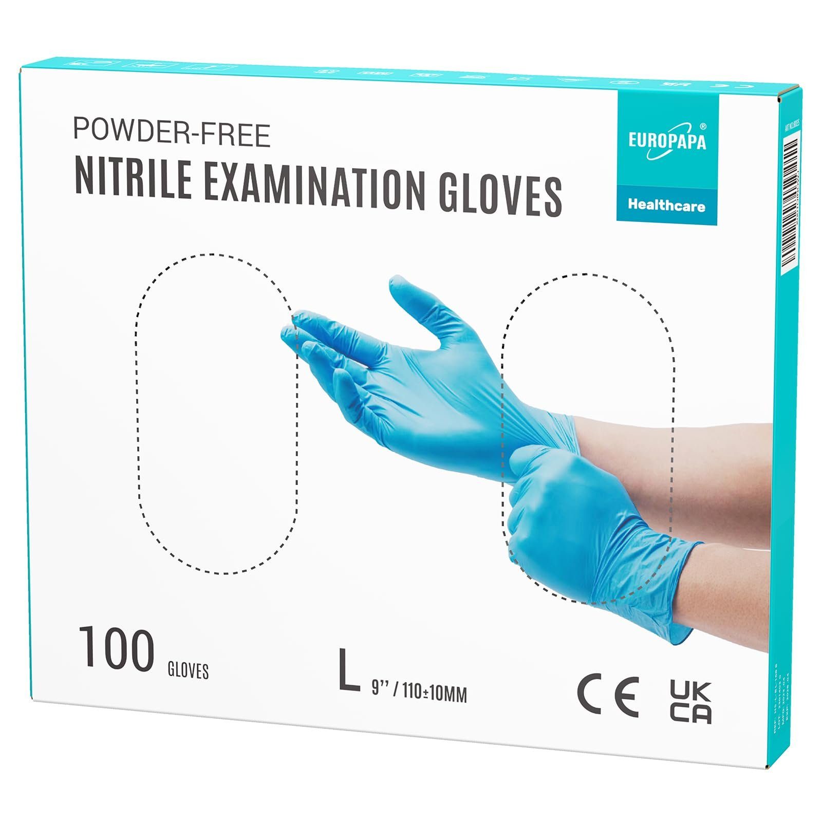 EUROPAPA Nitril-Handschuhe Medical Einmalhandschuhe Untersuchungshandschuhe (100 Stück, puderfrei ohne Latex, Gummihandschuhe) unsteril latexfrei disposible gloves