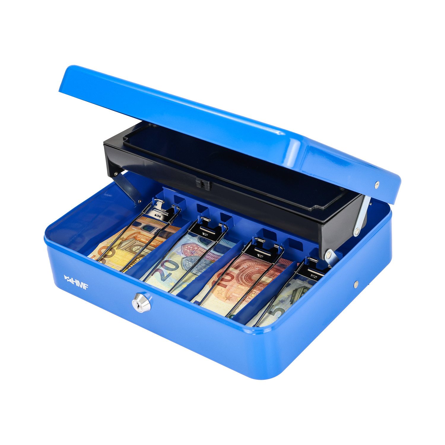 HMF Geldkassette Geldkassette abschließbar mit Münzeinsatz, und 4 Scheinfächer mit Klammer, 30 x 24 x 9 cm, Blau – Bild 4 von 5