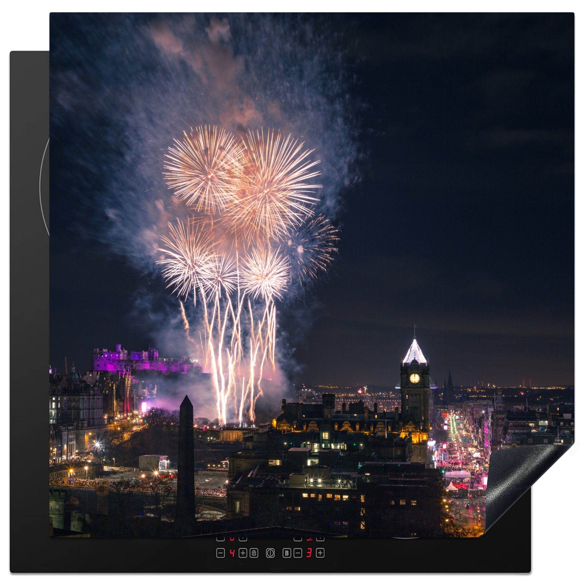 MuchoWow Herdblende-/Abdeckplatte Feuerwerk - Architektur - Nacht - Edinburgh, Vinyl, (1 tlg), 78x78 cm, Ceranfeldabdeckung, Arbeitsplatte für küche