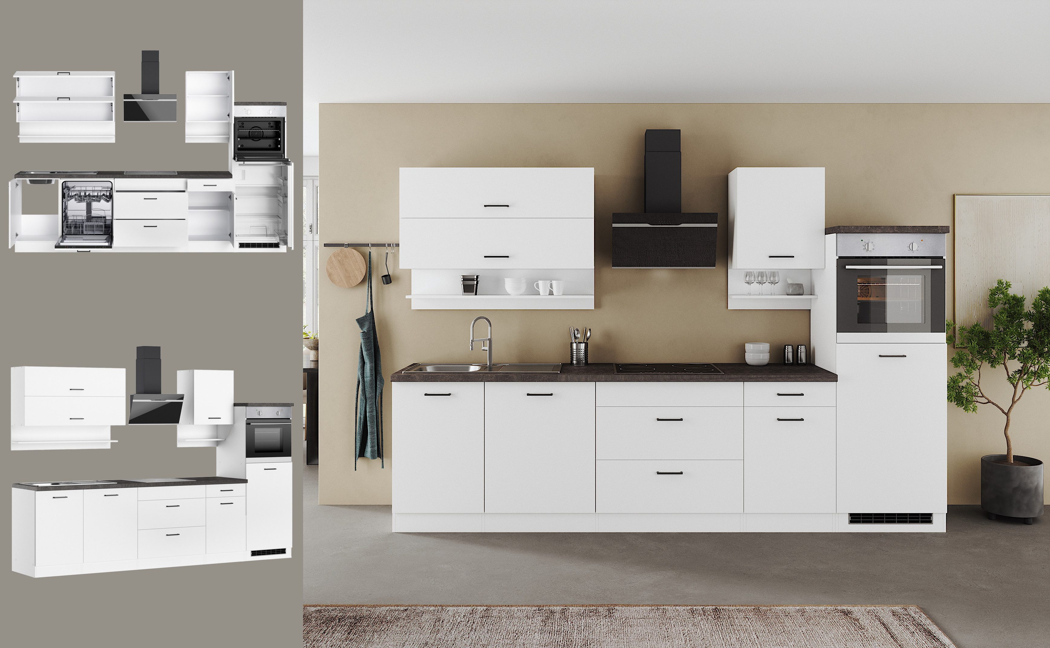 CENTRE DE CUISSON Meuble de cuisine KS-Frieda, 300 cm de large, avec électroménager en option, plan de travail de 38 mm d'épaisseur