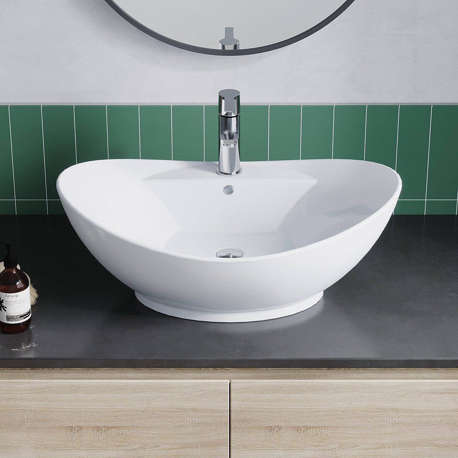 AQUALAVOS Aufsatzwaschbecken Keramik Waschbecken Weiß mit Überlauf Hahnloch für Bad Gäste-WC, Montage auf stabilen Platten, Waschtischen oder Unterschränken