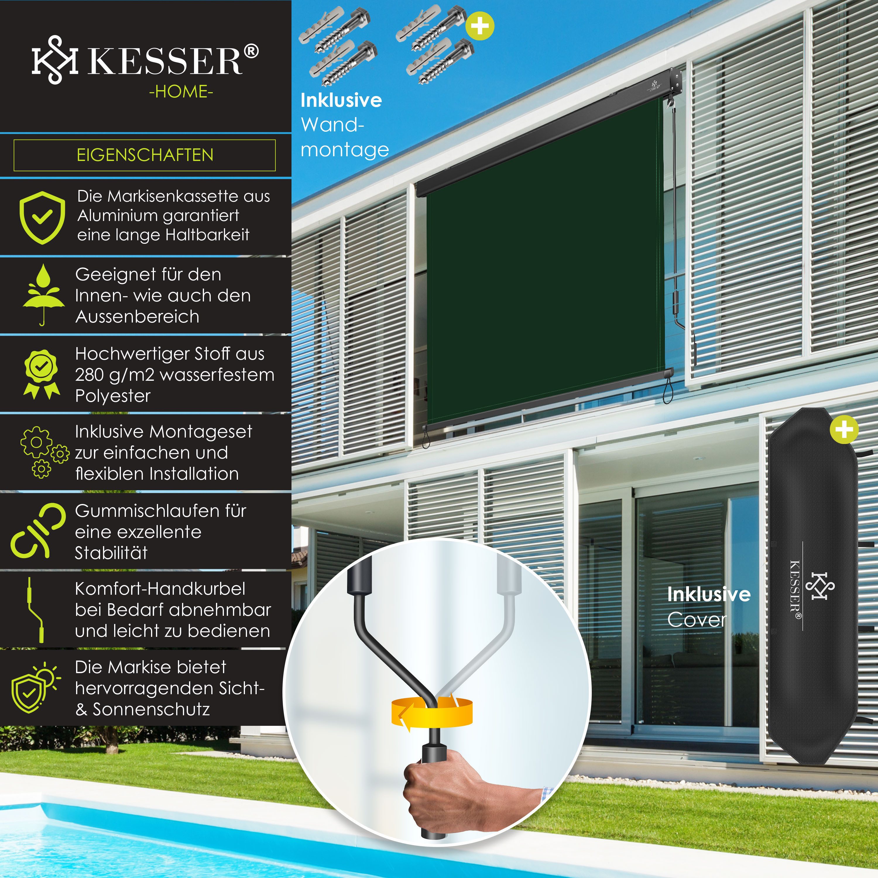 KESSER Senkrechtmarkise Markise Außenrollo Handkurbelmechanismus Balkonrollo Sichtschutz