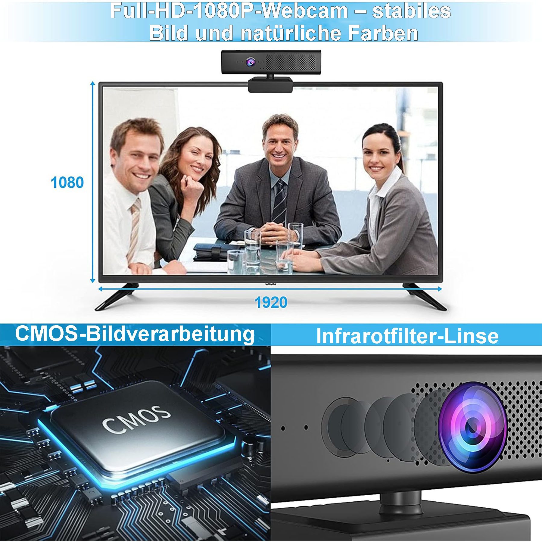 Senmudi 1080P PC-Webcam, 30fps Web-Digitalkamera, Eingebautes Mikrofon Webcam (1920*1080p, Kein Netzwerkstandard, 1x opt. Zoom, 4 Mikrofone mit Rauschunterdrückung, Empfangsreichweite bis zu 8 Meter, Mit stoßdämpfendem Standfuß und USB-Kabel für Meetings & Livestreams)