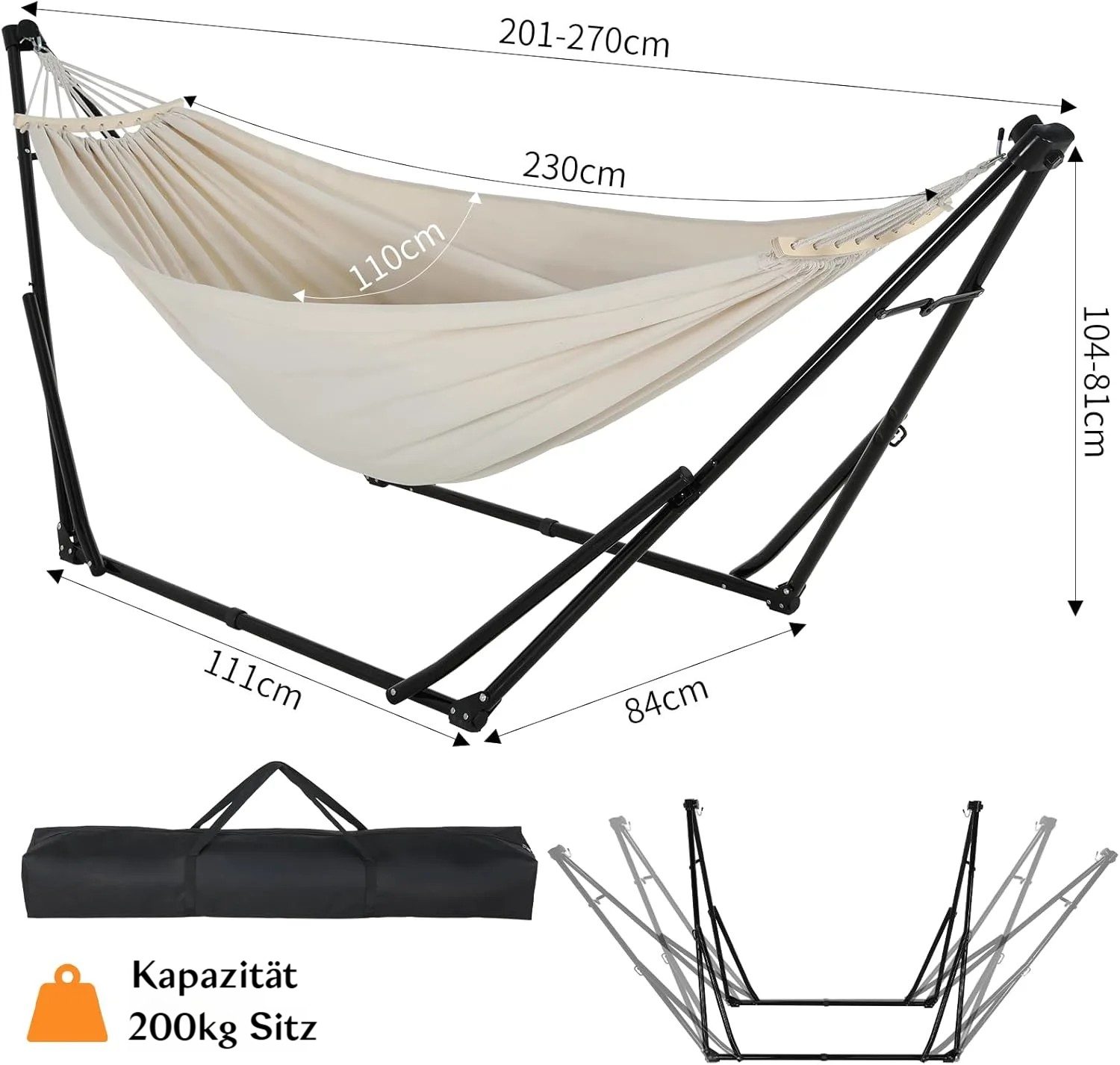 TLGREEN Hängematte mit Gestell,Premium Hängematten-Gestell-Set – 2-in-1, (Faltbar, Verstellbar, Stabiler Gartenhängematte, 231x89cm, Bis 200 kg, für Garten Balkon Camping Indoor, Tragetasche)