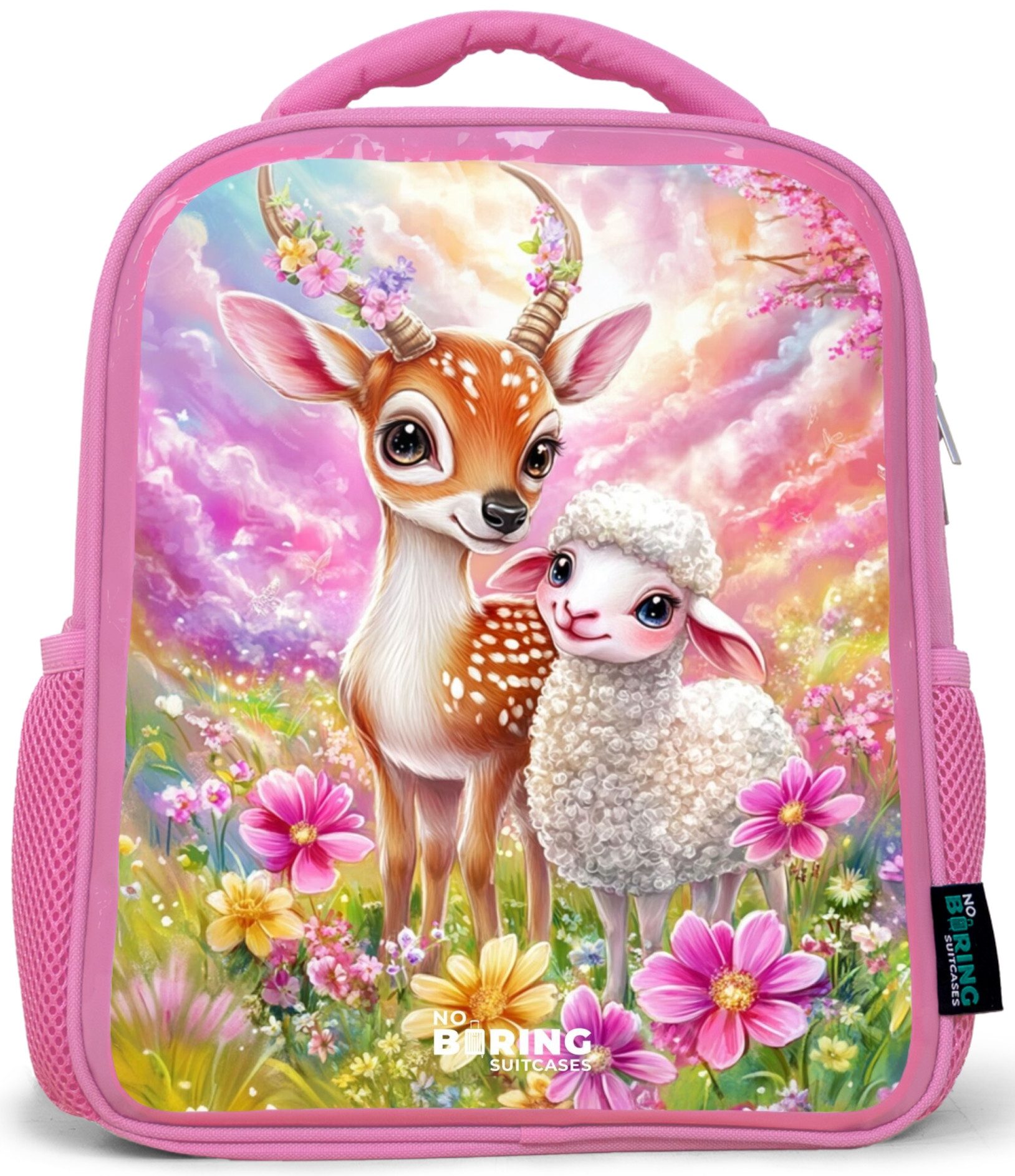 Rucksack Rosa - Kleines Reh mit einem Lamm in einem pastellfarbenen Blumenfeld