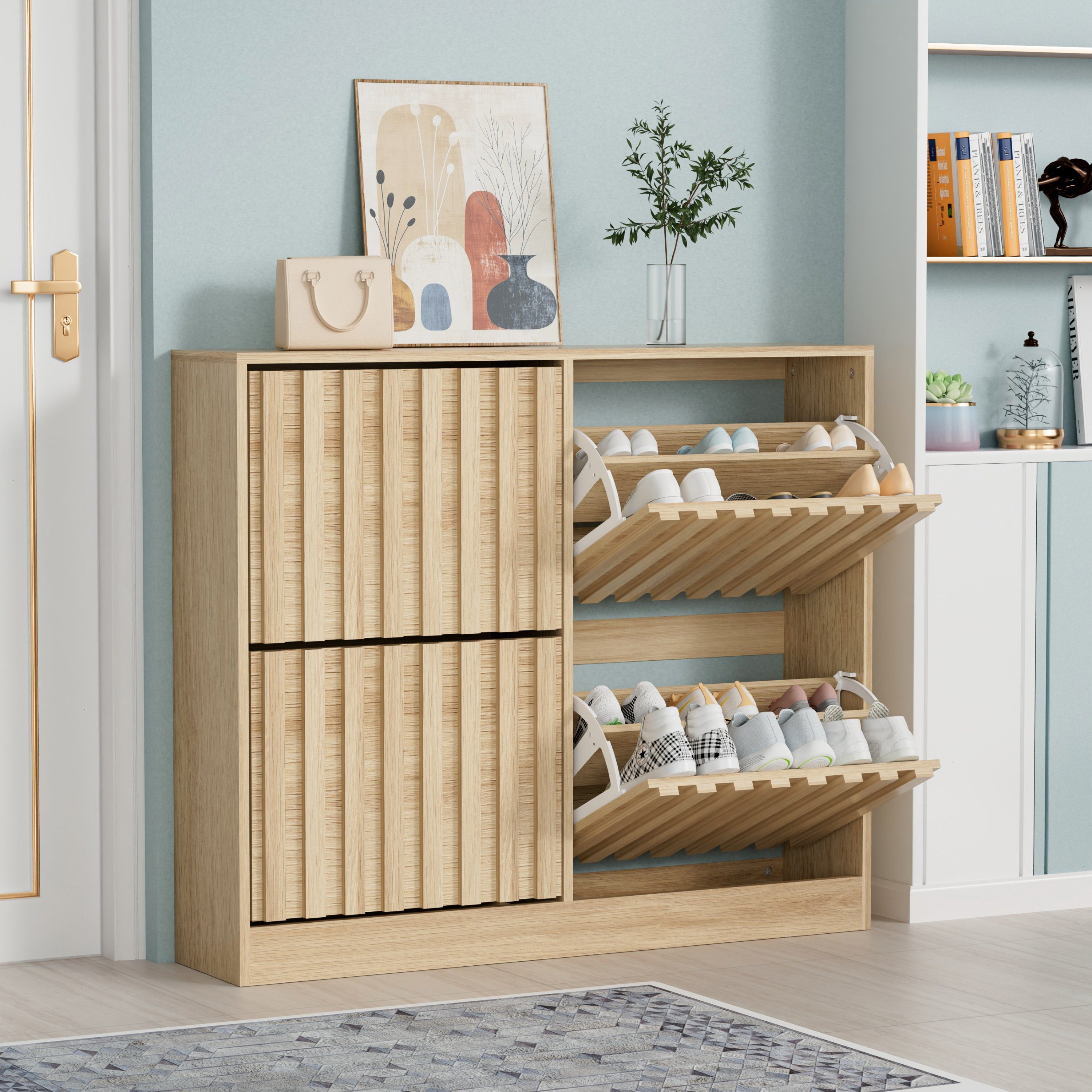 UEV Schuhschrank mit 4 Klappen, Schuhregal Schmal, Schuhkipper (Packung, Schuhkommode mit Anti-Kipp System) verstellbare und herausnehmbare Trennwände für verschiedene Schuhtypen