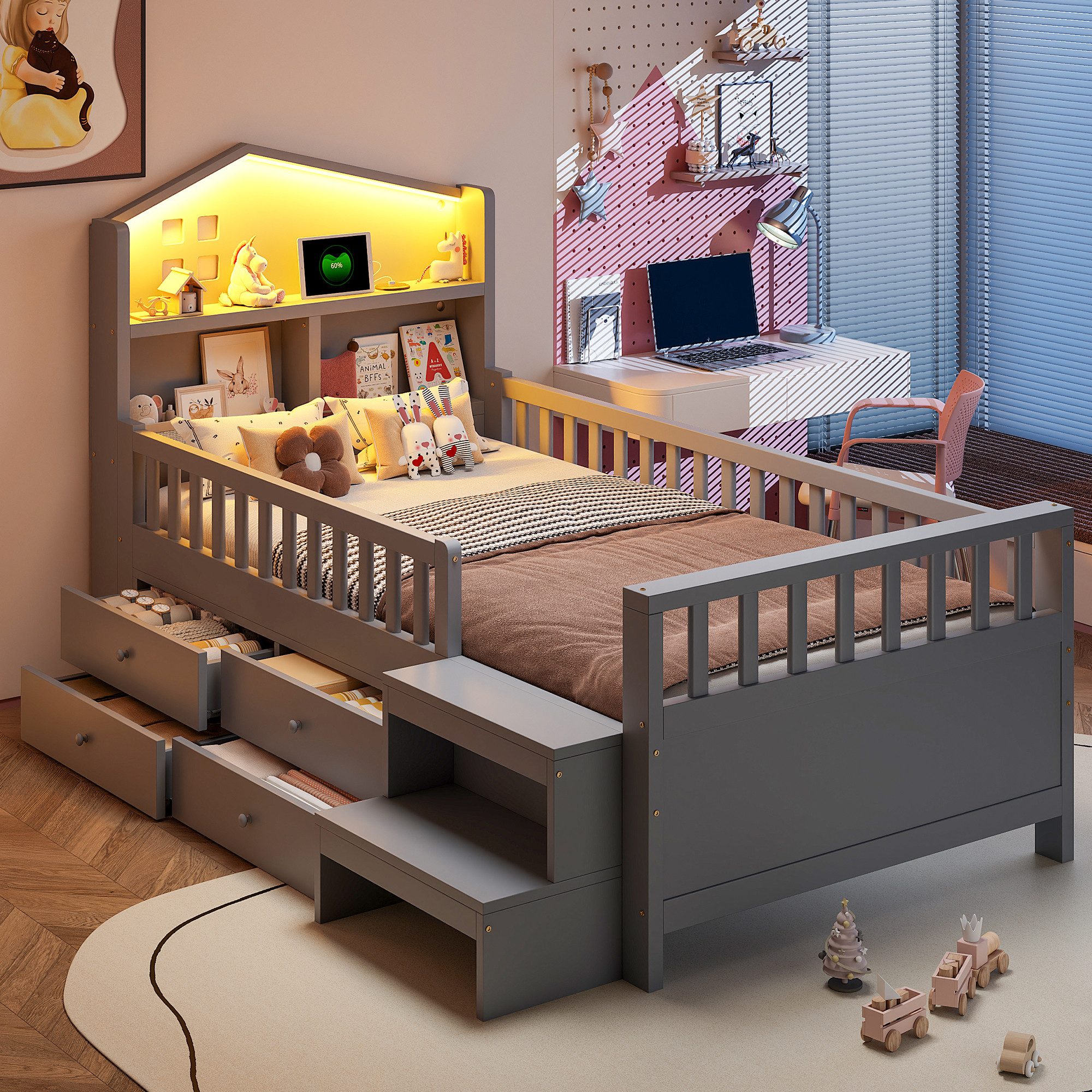 OKWISH Kinderbett Stauraumbett Holzbett (mit Sicherheitsgitter, vier Schubl günstig online kaufen