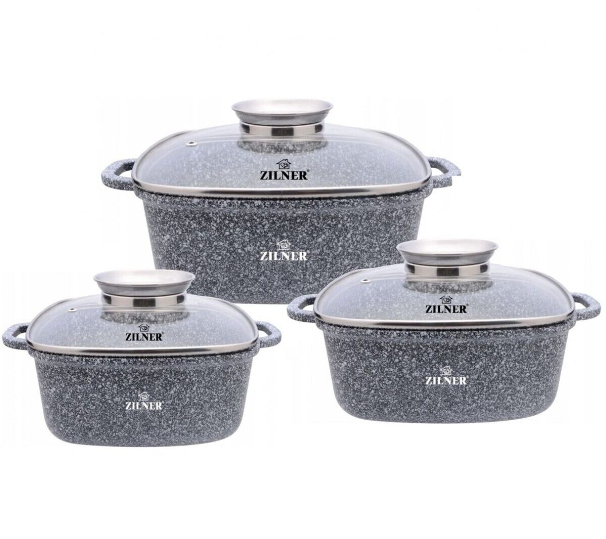 Zilner Topf-Set Schöne Quadratische Graue Töpfe in 3 verschiedenen Größen, Aluminiumguss, Keramik, Edelstahl (2.8L 20x20 cm / 4.4L 24x24 cm / 6.5L 28x28 cm, 6-tlg., Zeitloses Design des Topfsets. Eine ideale Geschenkidee! Hochwertig)