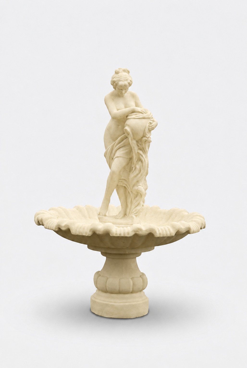 Xlmoebel Gartenbrunnen Frauenstatue Muschelform Creme Antik Stil Dekorativ Groß Sofort, 135 cm Breite, (Brunnen-Set, 1 tlg., Gartenbrunnen mit Dekorfigur, Wasserbecken, Sockel und Pumpe), Dekorativer Brunnen für Garten und Terrasse