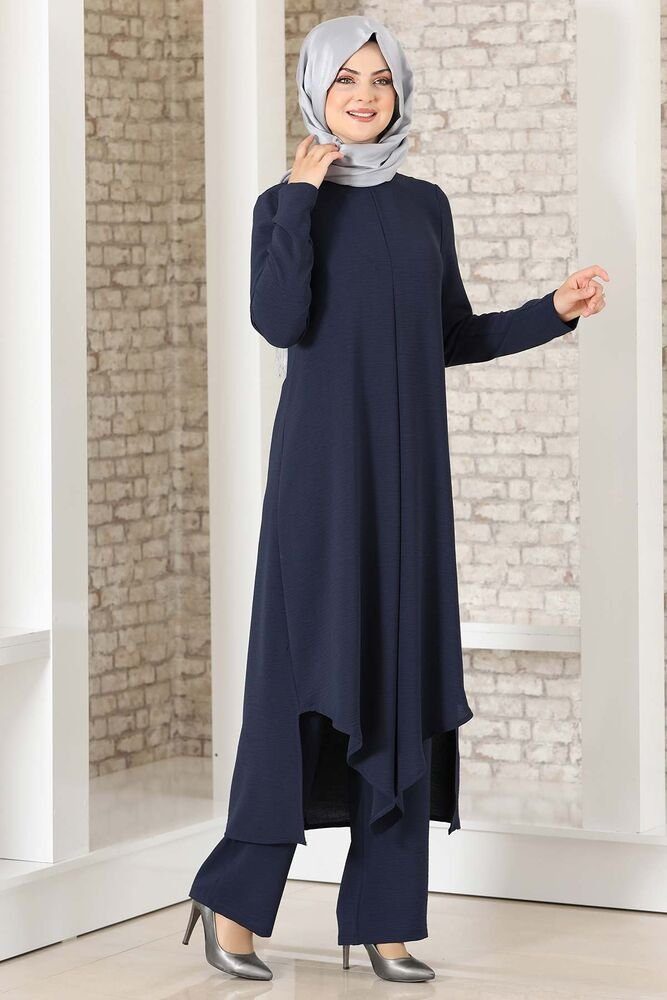 Modavitrini Longtunika Damen Anzug Zweiteiler lange Tunika mit Hose Hijab Kleidung voll bedeckt Navy-Blau