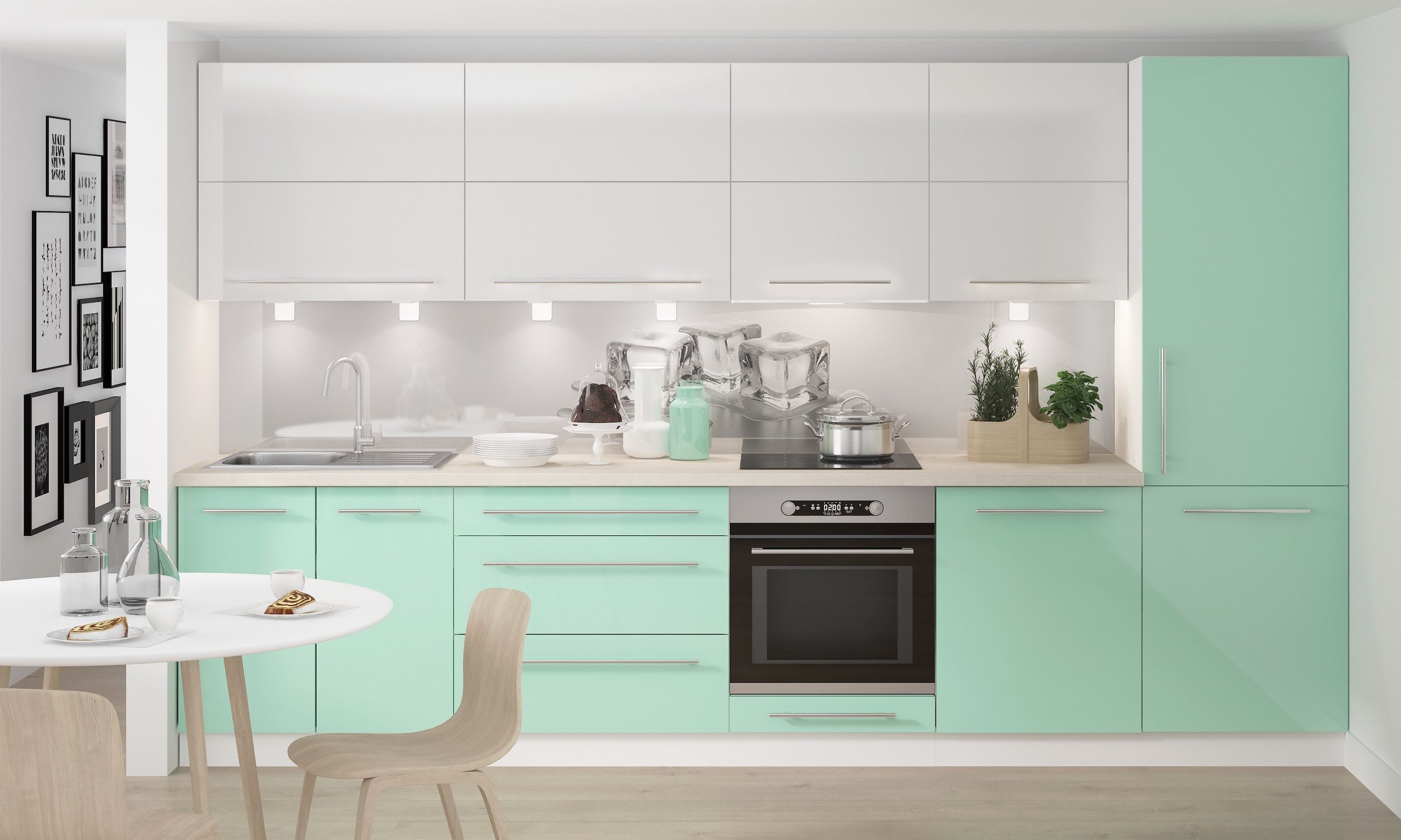 Feldmann-Wohnen Küchenzeile, (Schubladen mit Teilauszug und Soft-Close-Funktion), 340x50x207cm weiß matt / lichtgrün und reinweiß lackiert, 9-teilig