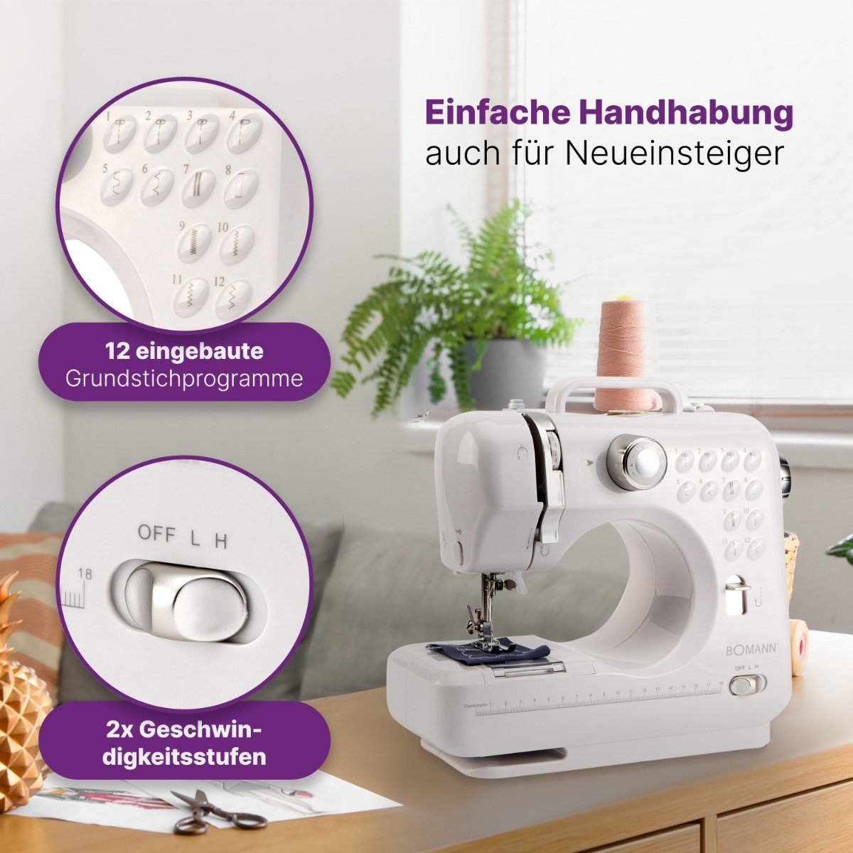 BOMANN Freiarm-Nähmaschine NM 6063 CB, Nähmaschine für Anfänger mit 12 Stichmustern
