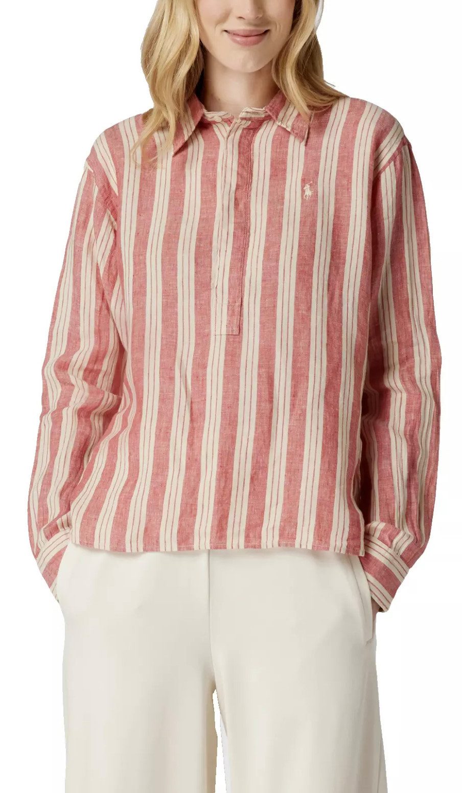Polo Ralph Lauren Leinenhemd Damen Vokuhila-Hemd Bluse Oversize in Antikrosa Kentkragen, verdeckte Knopfleiste,Streifenmuster,Pony-Stickerei