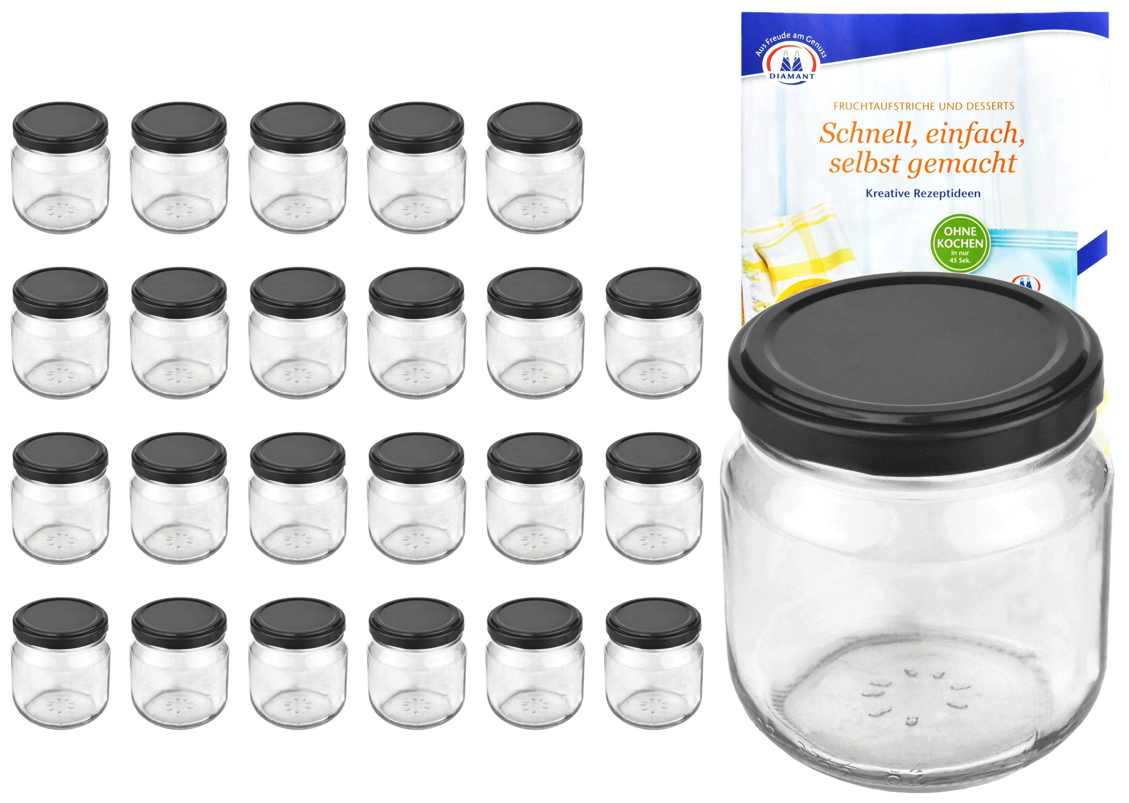 MamboCat Einmachglas 24er Set Rundglas 212 ml nieder To 66 schwarzer Deckel incl Rezeptheft, Glas
