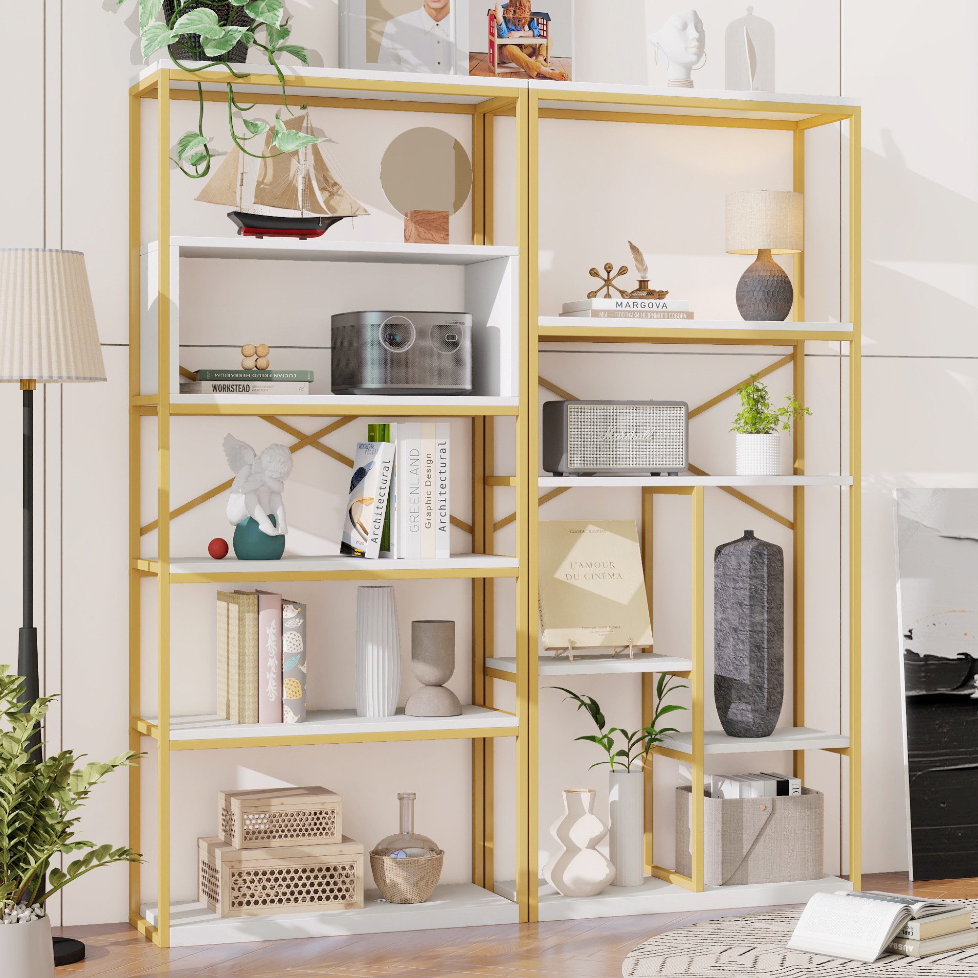 REDOM Bücherregal Regal im modernen Stil, mit modern-minimalistischem Design Gold + Weiß 1-tlg.