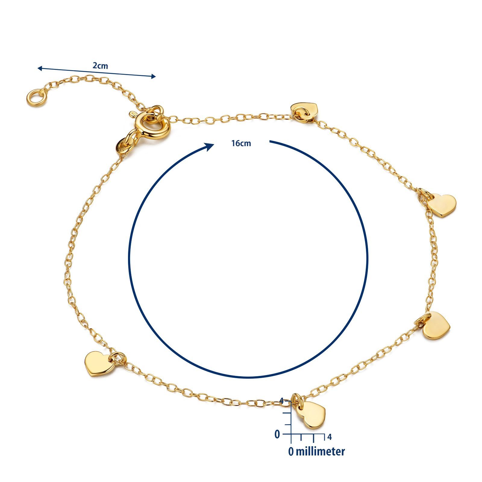Miore Charm-Armband MGM943B - Herz Armband mit Charm Herzanhängern aus 9 Kt 375 Geldgold, an Goldkette 9 Kt 375 Geldgold - Made in Italy