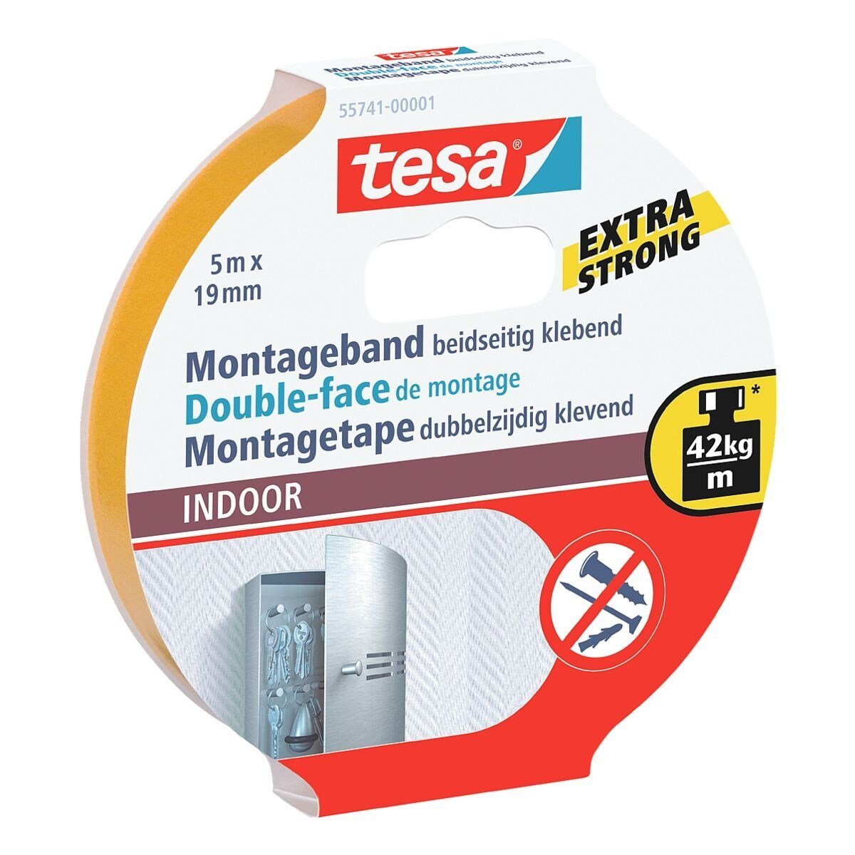 tesa Doppelklebeband Powerbond® INDOOR 19 mm/ 5 m, für ebene / unebene Oberflächen