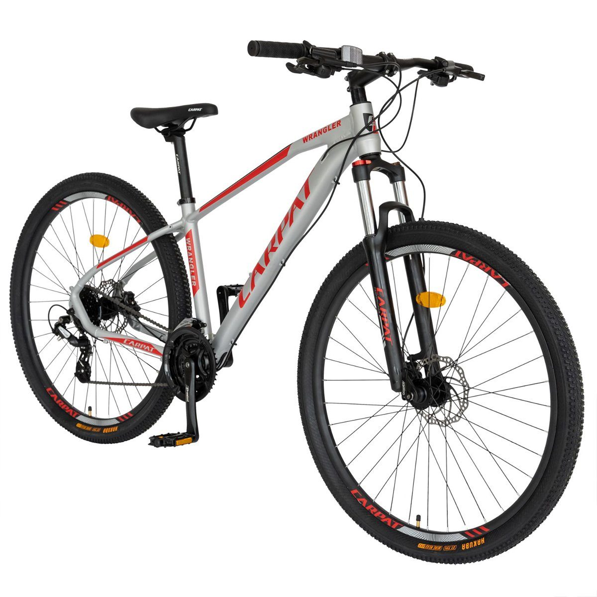 CARPAT SPORT Mountainbike (Aluminium Hardtail Rahmen, Gang Zoll Fahrrad Scheibenbremse), Damen für Herren, Kettenschaltung, Fahrrad 29 Shimano, Grau-Rot hydraulische 24 MTB