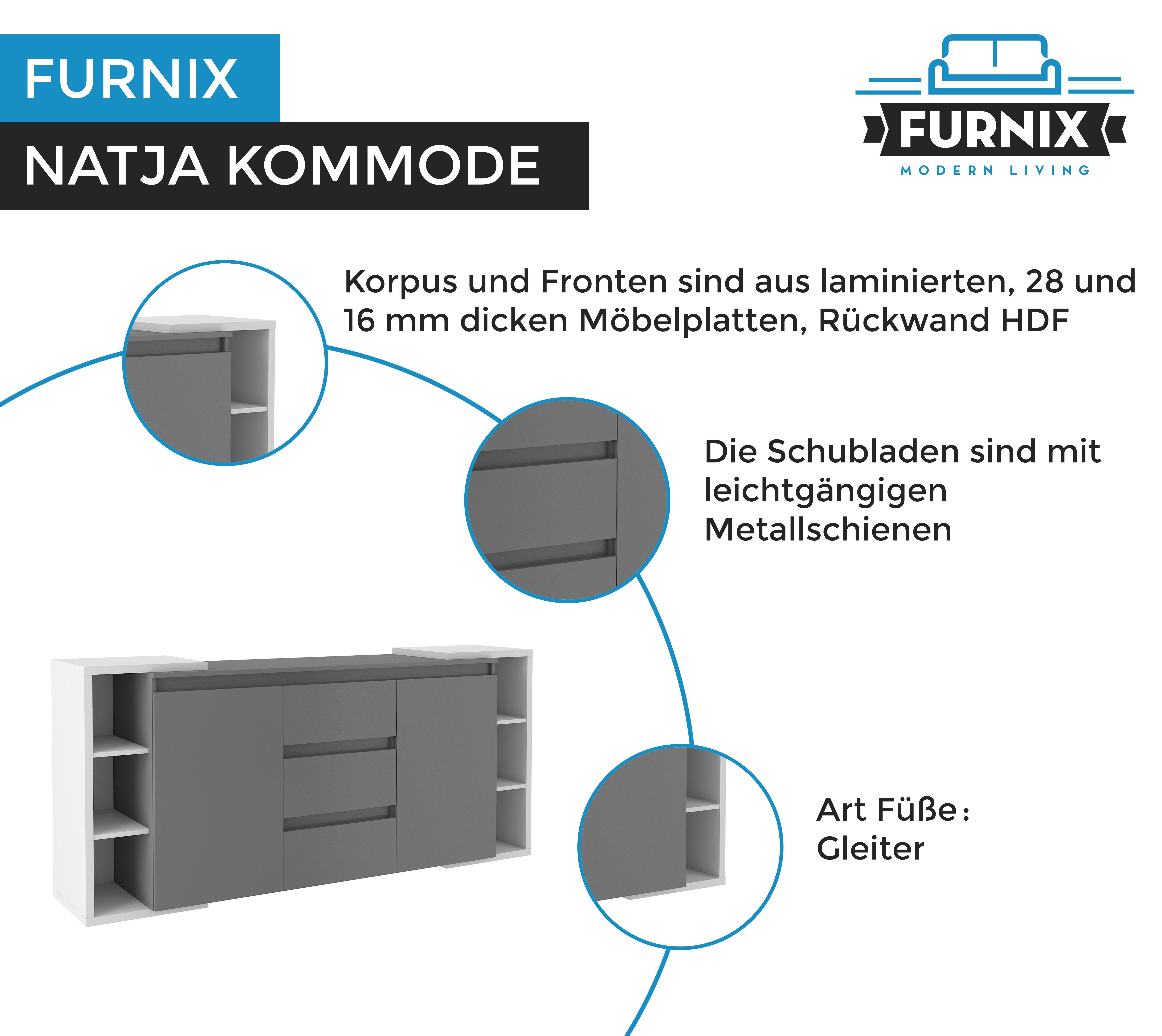 Furnix Kommode NATJA 2F3S Sideboard T44,8 mit B195,6 6 2 Türen, cm 3 Schubladen, Hellgrau/Anthrazit, 2-türiges Fächer, x cm H89 x offene