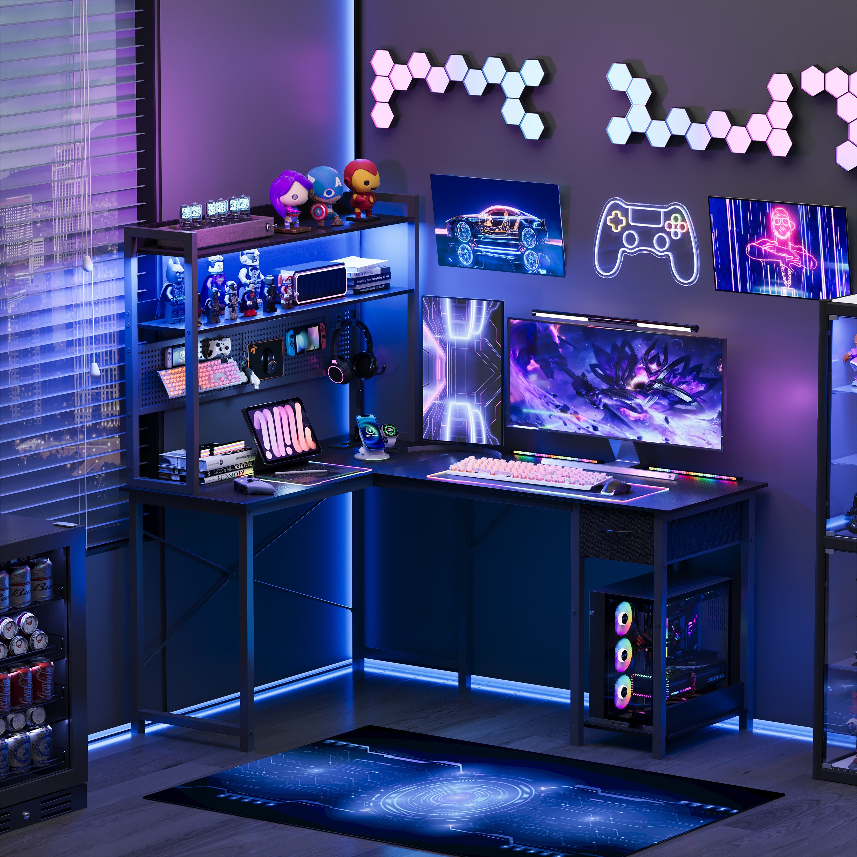 UDPATIO Gaming Eckschreibtisch mit Lochwand, Regal, Steckdosen & USB, schwarz (1-St), Gaming Setup, Home Office, Steckdosen, Lochwand, L-Form