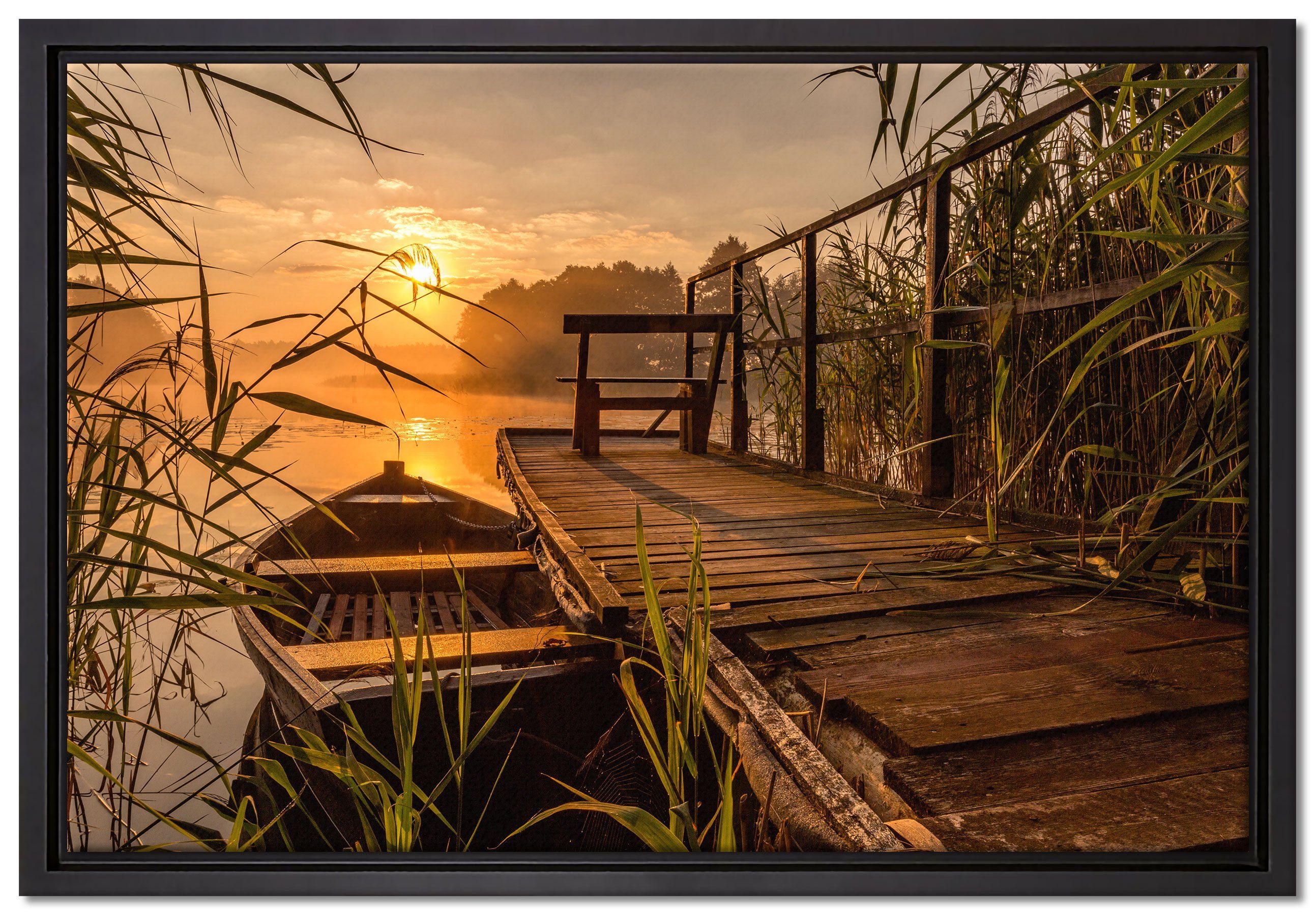 Pixxprint Leinwandbild Bootssteg am See bei Sonnenuntergang, Wanddekoration (1 St), Leinwandbild fertig bespannt, in einem Schattenfugen-Bilderrahmen gefasst, inkl. Zackenaufhänger