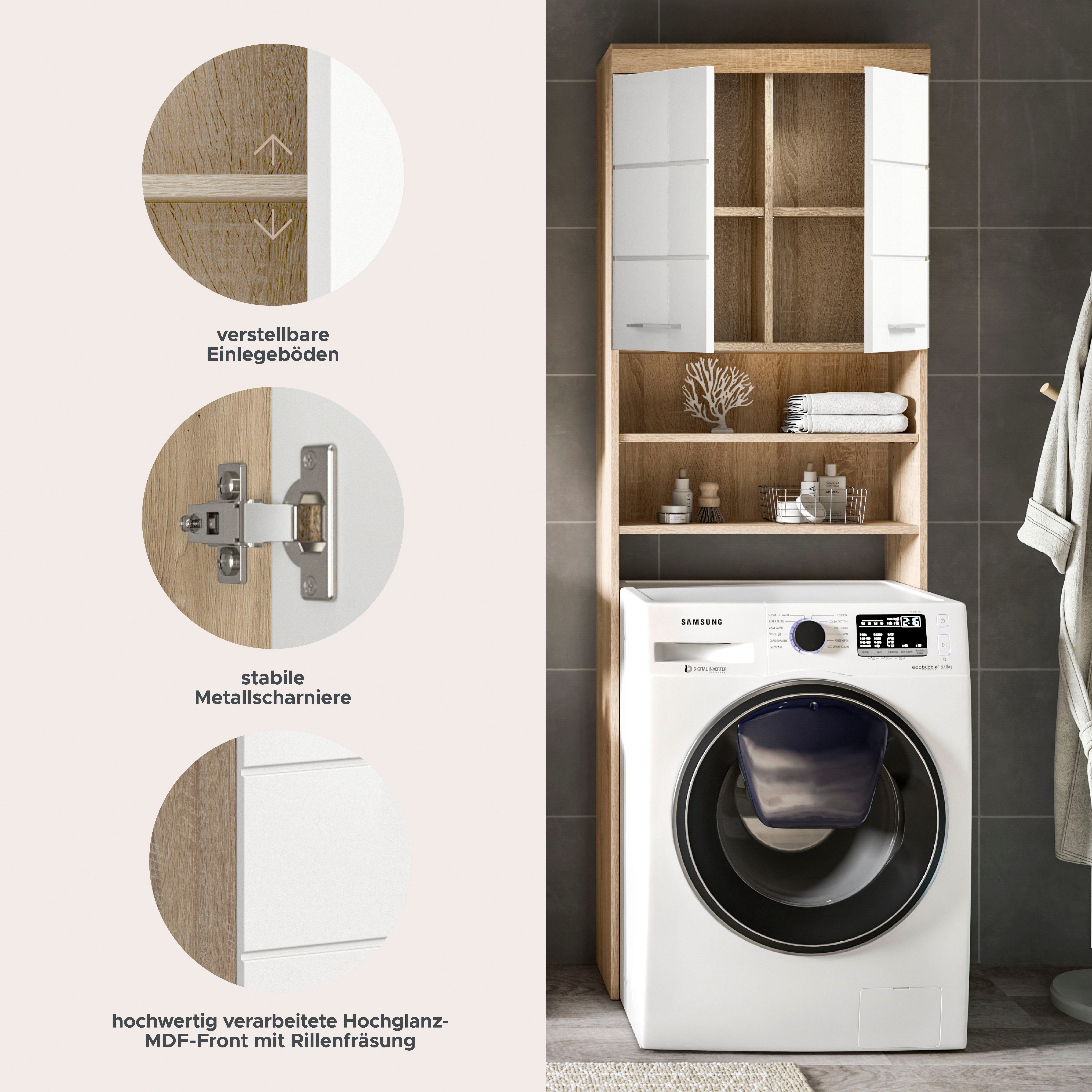 welltime Waschmaschinenumbauschrank SIENA, Breite 63cm, für Waschmaschine & Trockner, 2 Türen, MDF-Front (TOPSELLER) in verschiedenen Farben, Überbauschrank, Umbauschrank, Badschrank