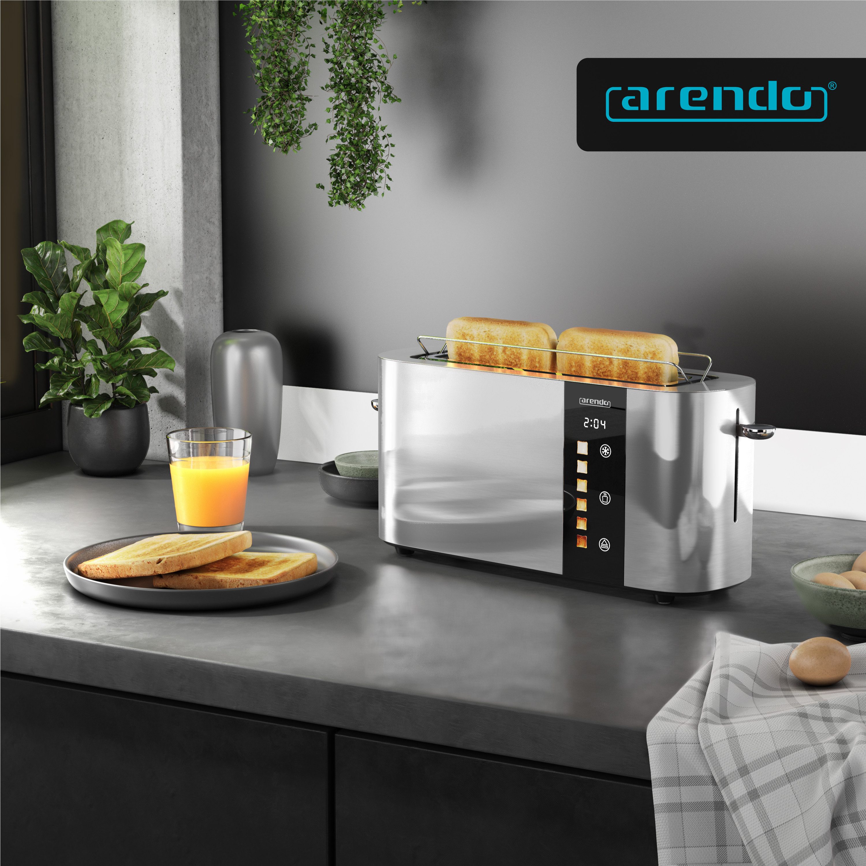 Arendo Toaster Edelstahl, Langschlitz, Touch Display, Restzeit & Bräunungsgradanzeige, 1 langer Schlitz, für 2 Scheiben, 1000 W, Brötchenaufsatz, Wärmeisoliert, Toast-Symbole für Bräunungsgradauswahl