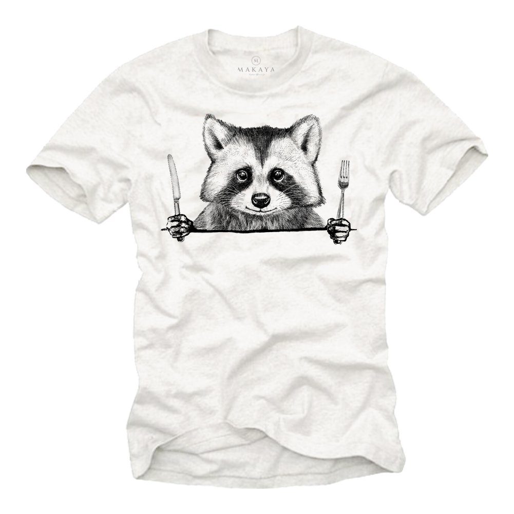 MAKAYA Lustige Waschbär Raccoon Aufdruck Tiermotive Motiv Print-Shirt Tiere Weiß Essen Coole