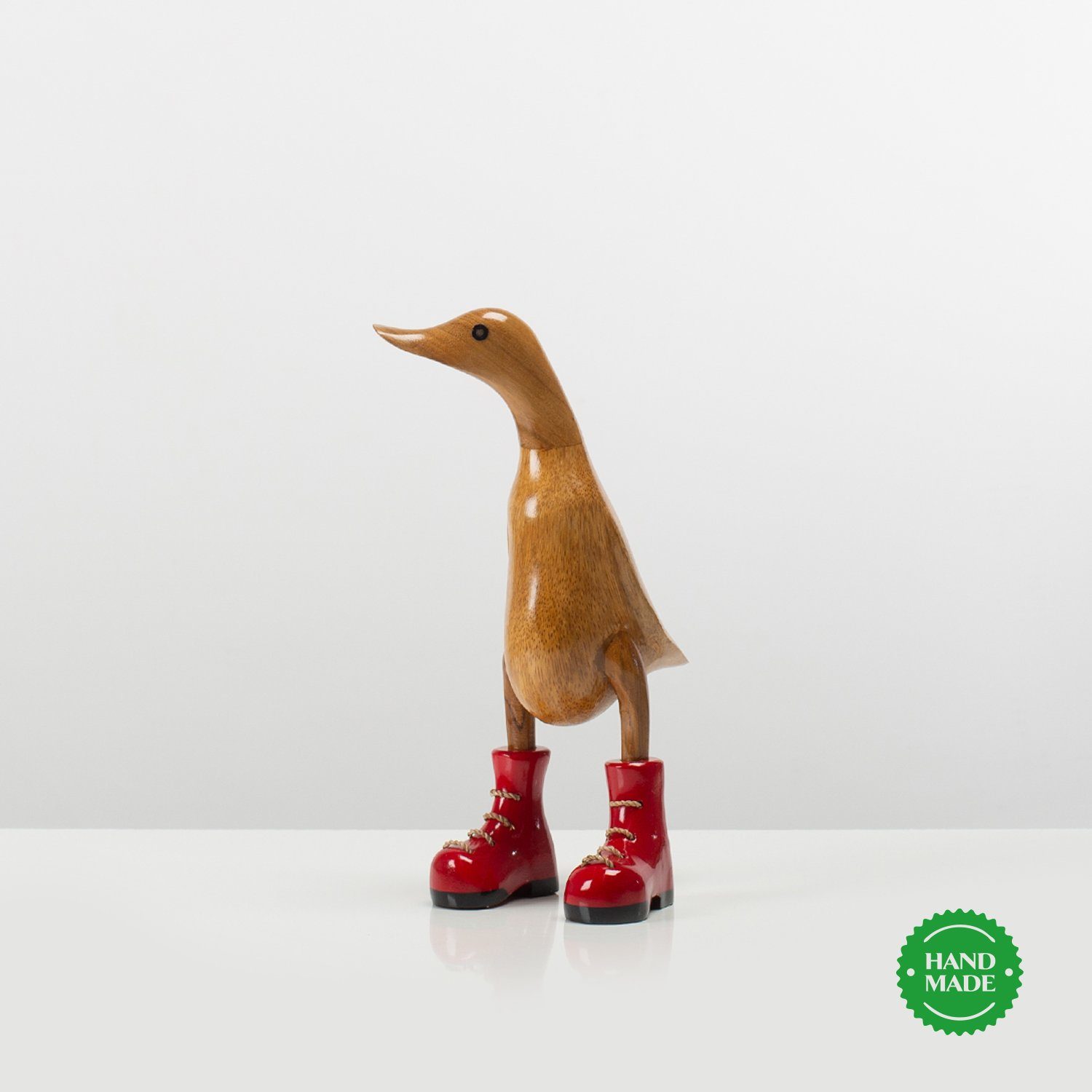 Rikmani Dekofigur Holzfigur Ente Stiefel - Handgefertigte Dekoration aus Holz Geschenk (3-er Set), 3 Holzarten rot
