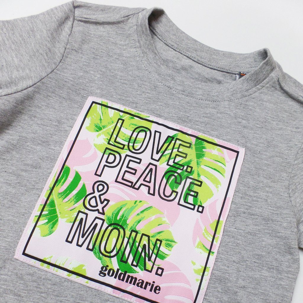 goldmarie T-Shirt LOVE PEACE Floral-Palmen Applikation für MOIN grau Kinder